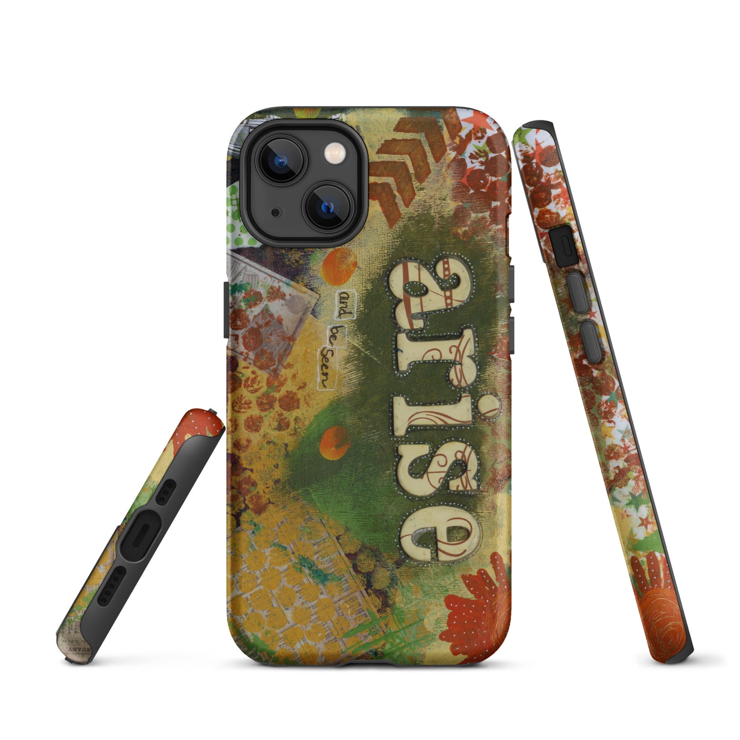 Image of the front, side & bottom views of the Arise and Be Seen artistic phone case.