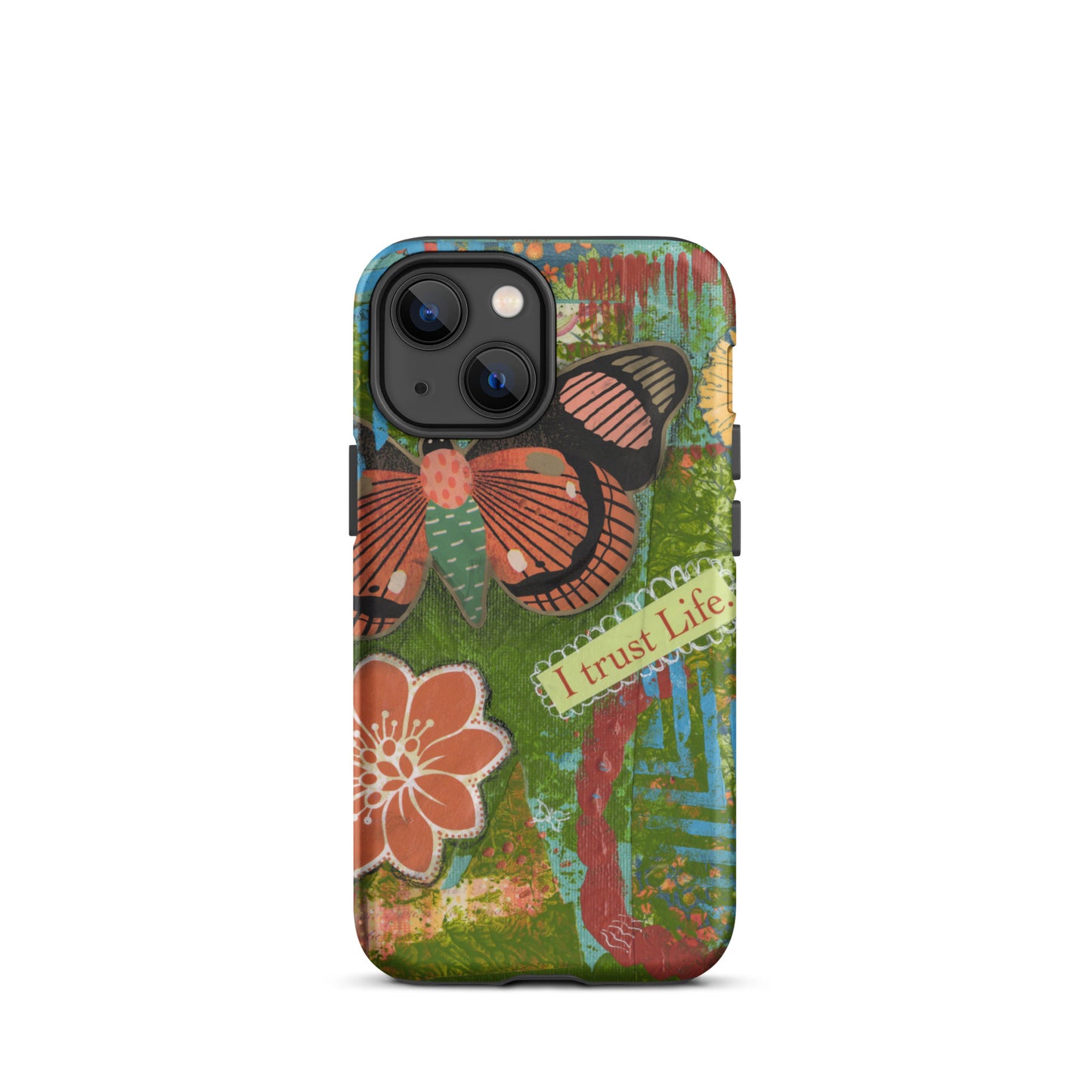 artistic butterfly phone case with orange flower and yellow flower
and words " I Trust Life" on the iPhone case.