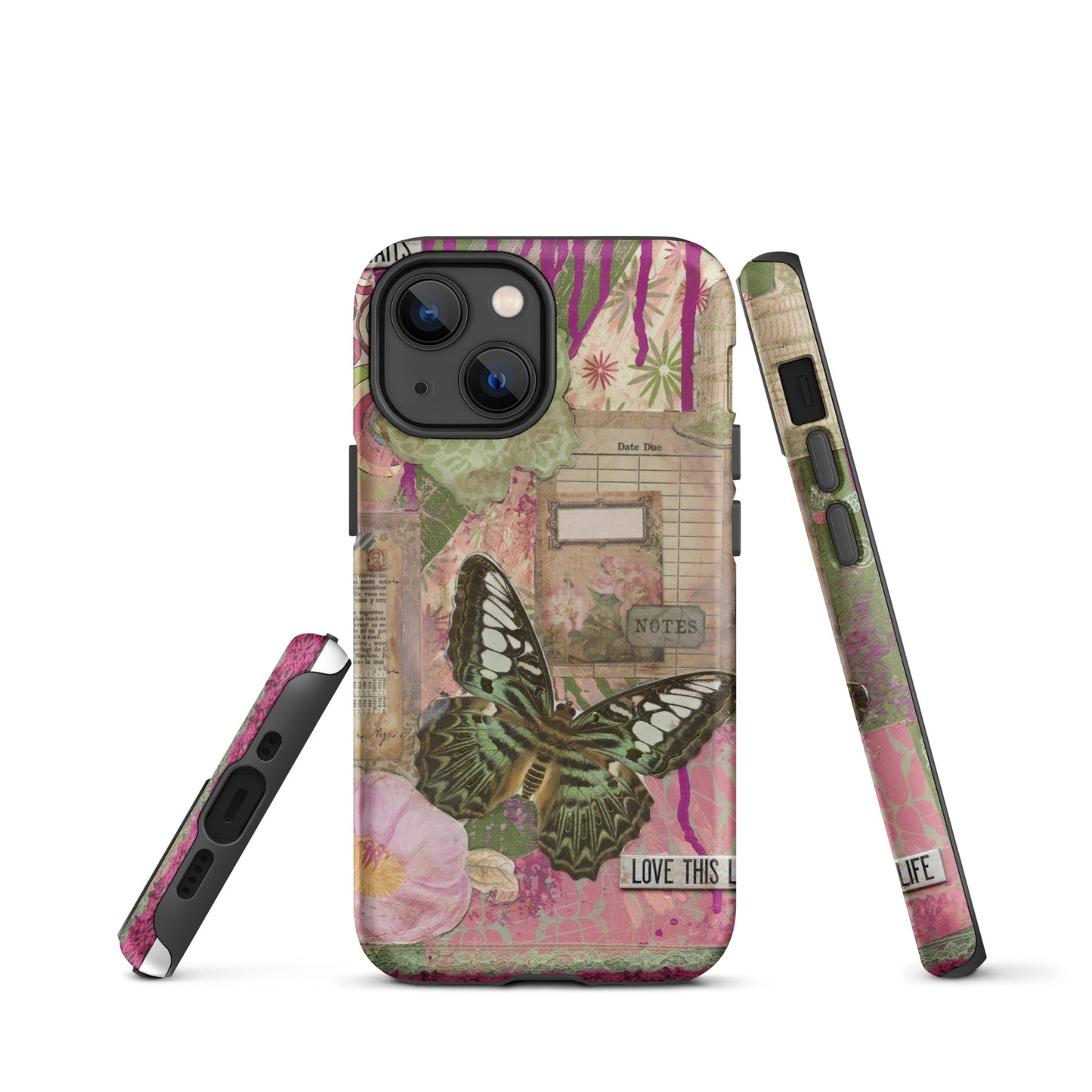 front, side and bottom view of pink floral butterfly phone case with love this life quote
