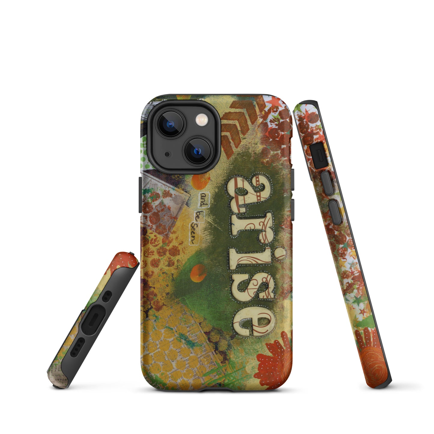 Image of the front, side & bottom views of the Arise and Be Seen artistic phone case.