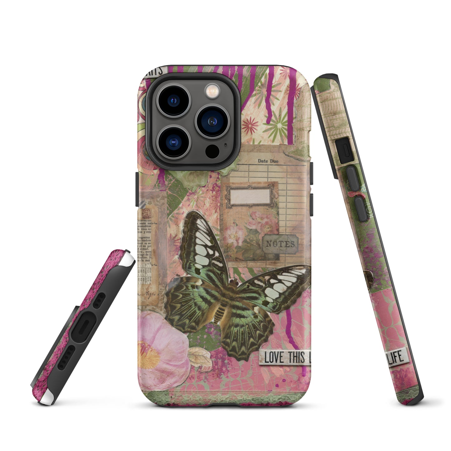 front, side and bottom view of pink floral butterfly phone case with love this life quote