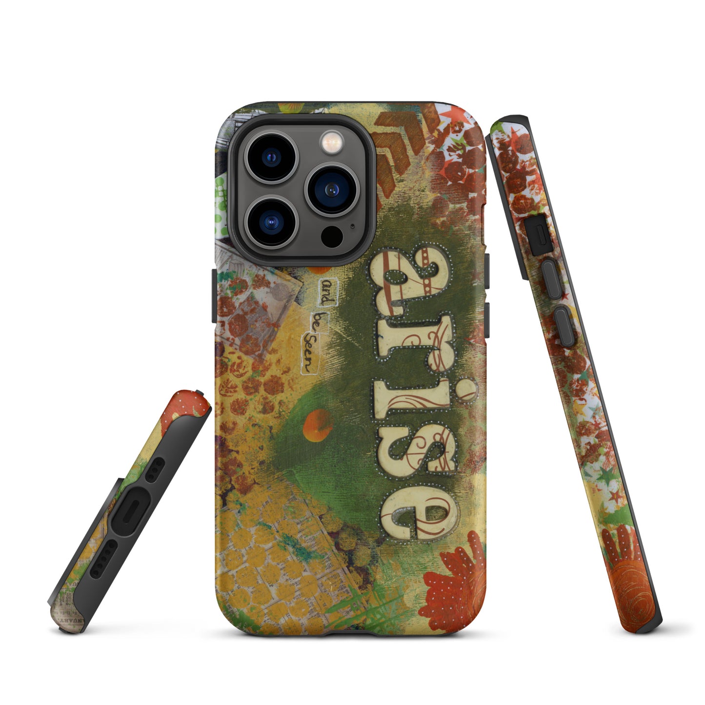 Image of the front, side & bottom views of the Arise and Be Seen artistic phone case.