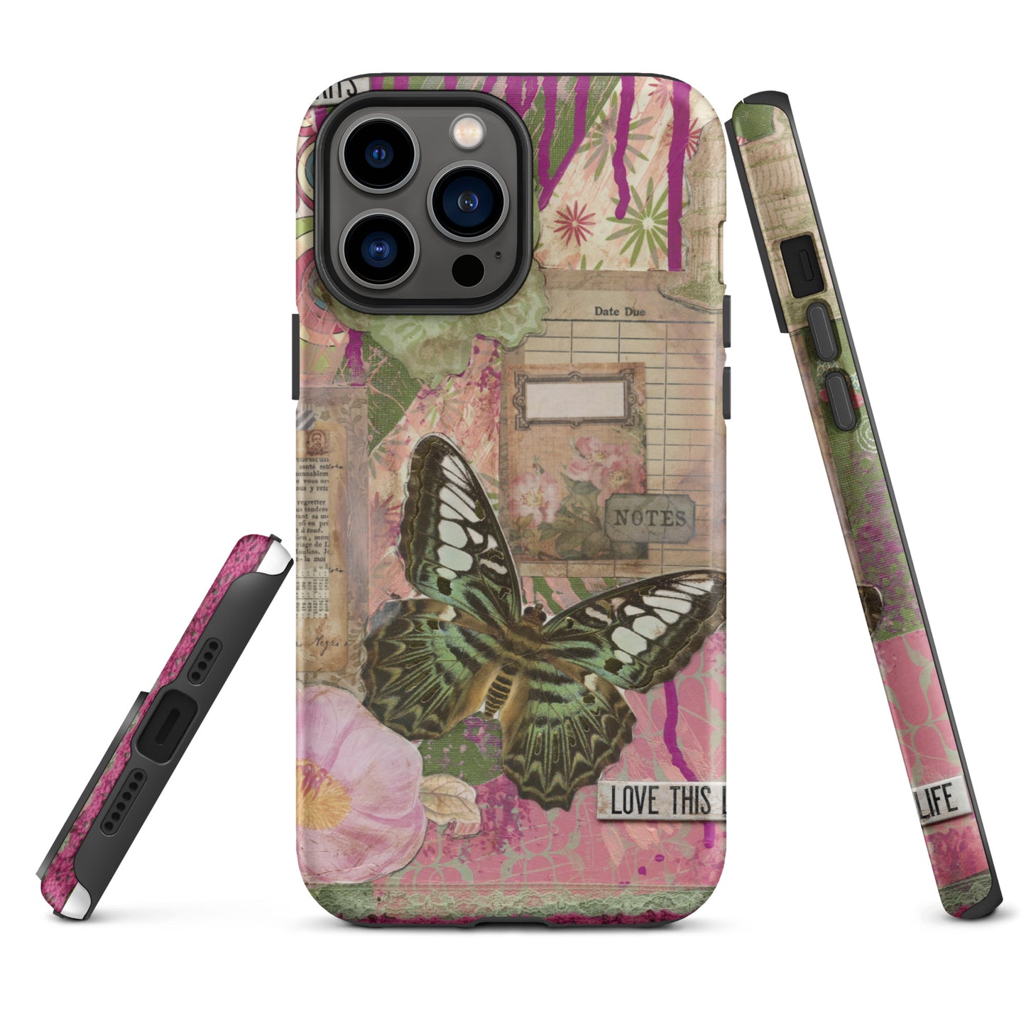 front, side and bottom view of pink floral butterfly phone case with love this life quote