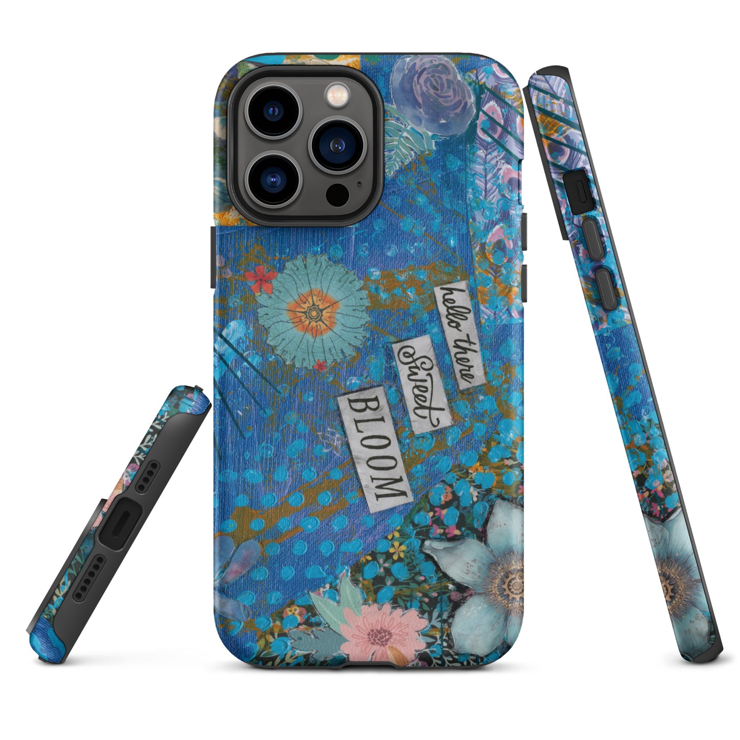 A front, side and bottom image of the blue floral phone case with hello there sweet bloom quote.
 