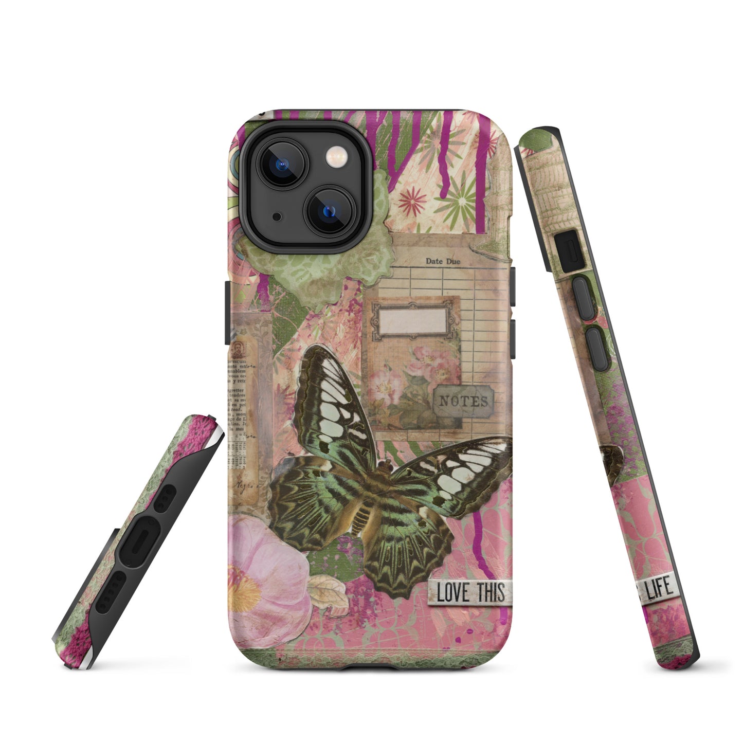 front, side and bottom view of pink floral butterfly phone case with love this life quote