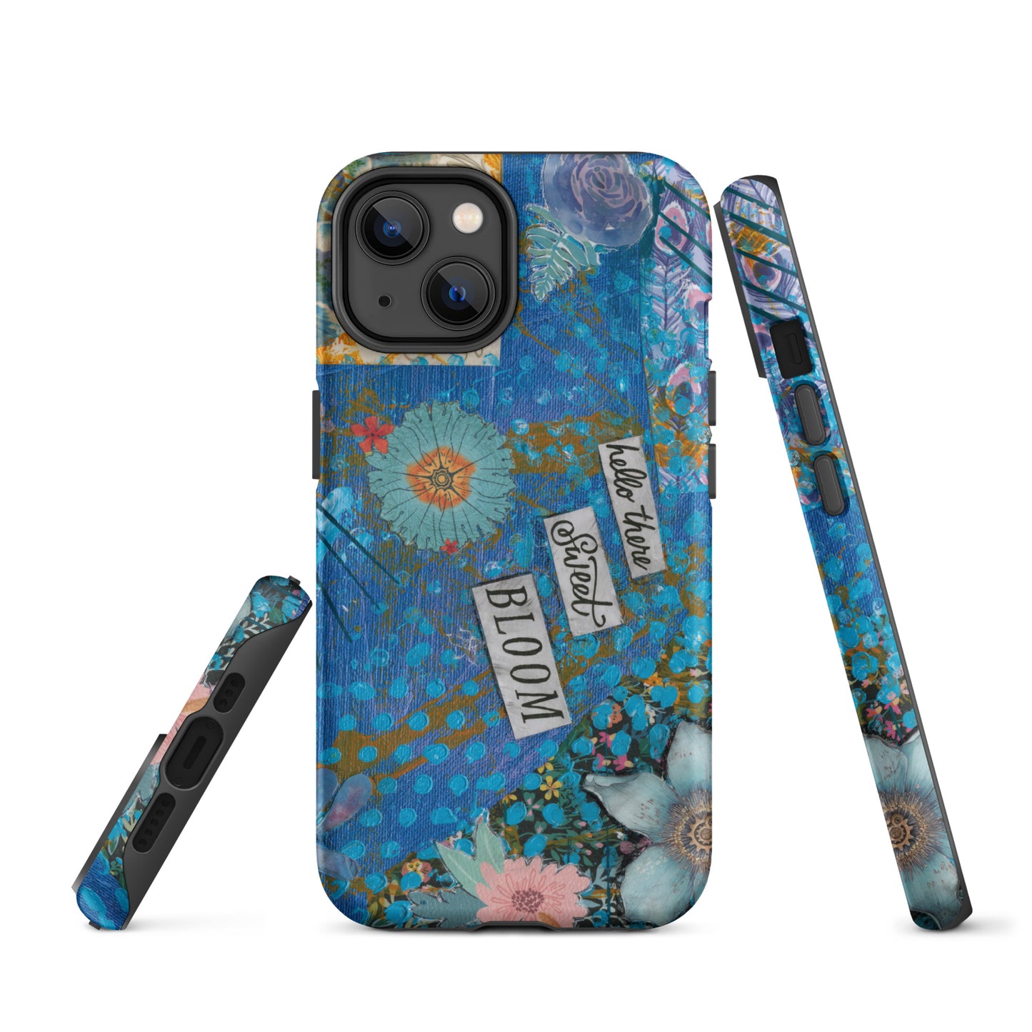 A front, side and bottom image of the blue floral phone case with hello there sweet bloom quote.
 