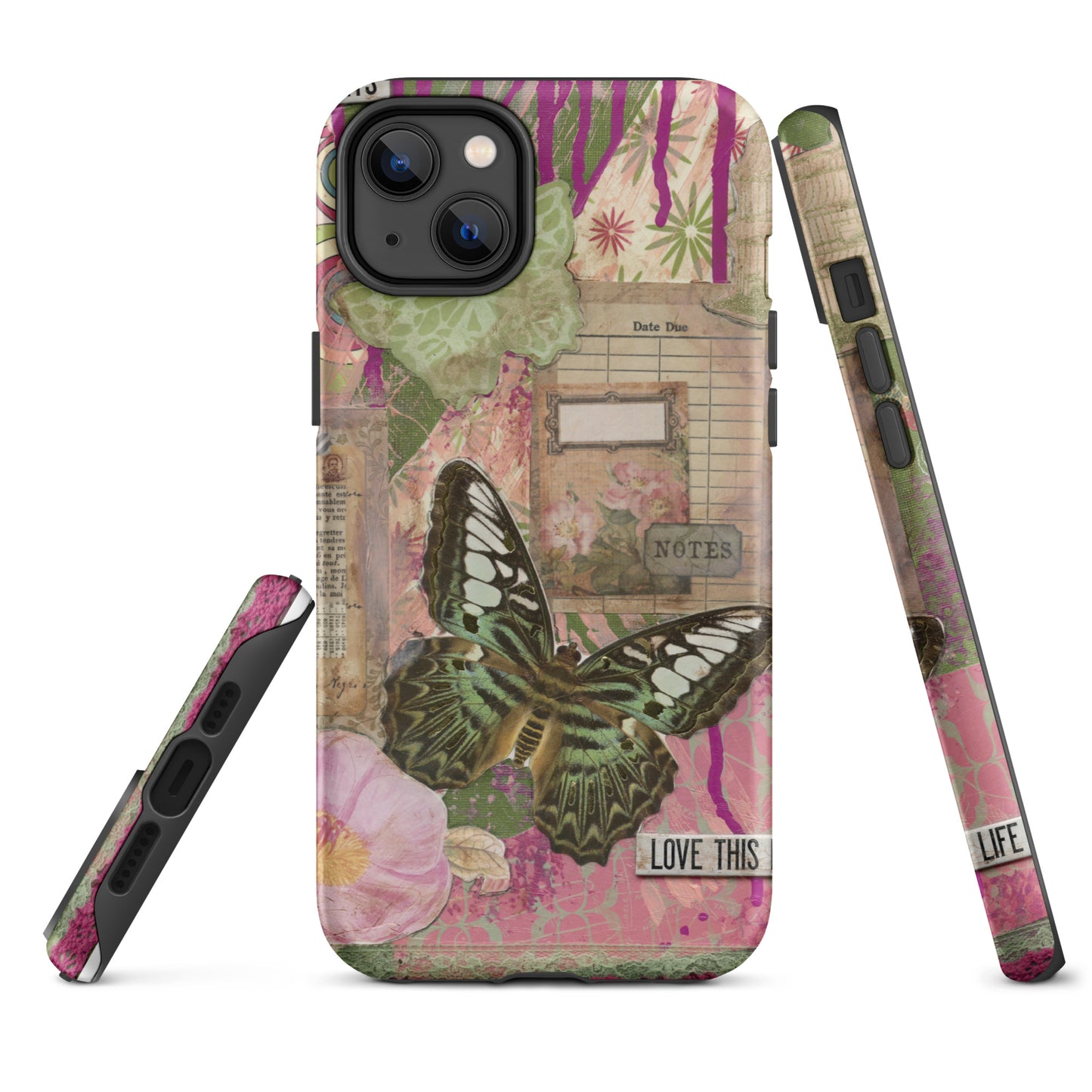 front, side and bottom view of pink floral butterfly phone case with love this life quote
