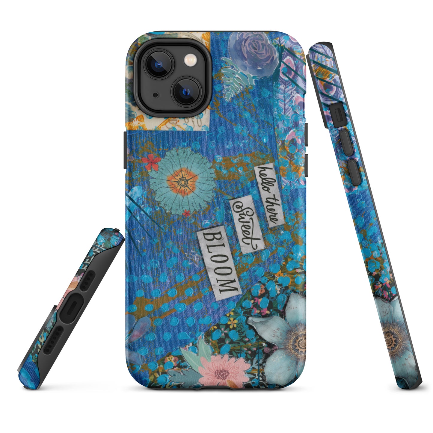 A front, side and bottom image of the blue floral phone case with hello there sweet bloom quote.
 
