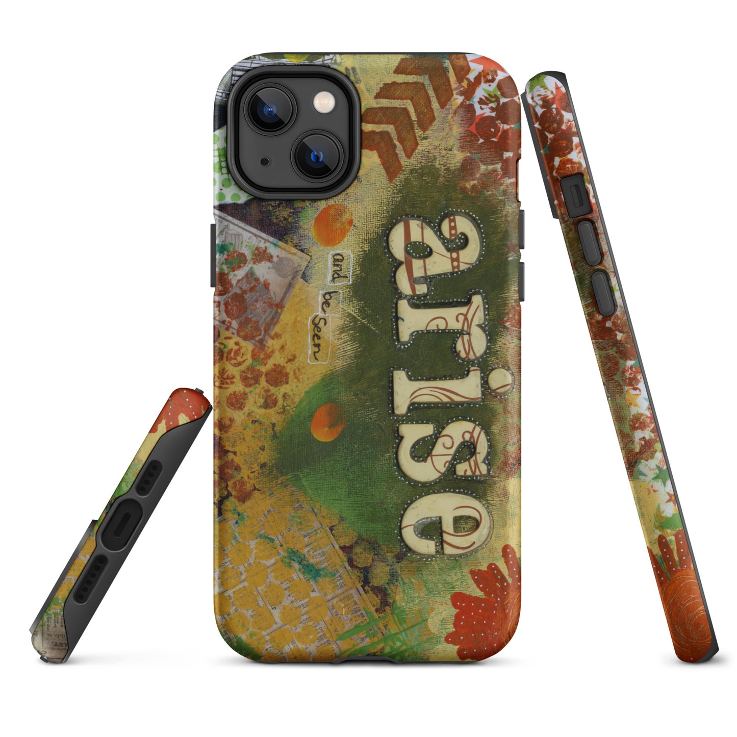 Image of the front, side & bottom views of the Arise and Be Seen artistic phone case.