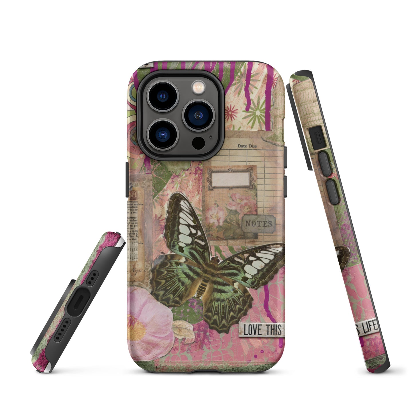 front, side and bottom view of pink floral butterfly phone case with love this life quote