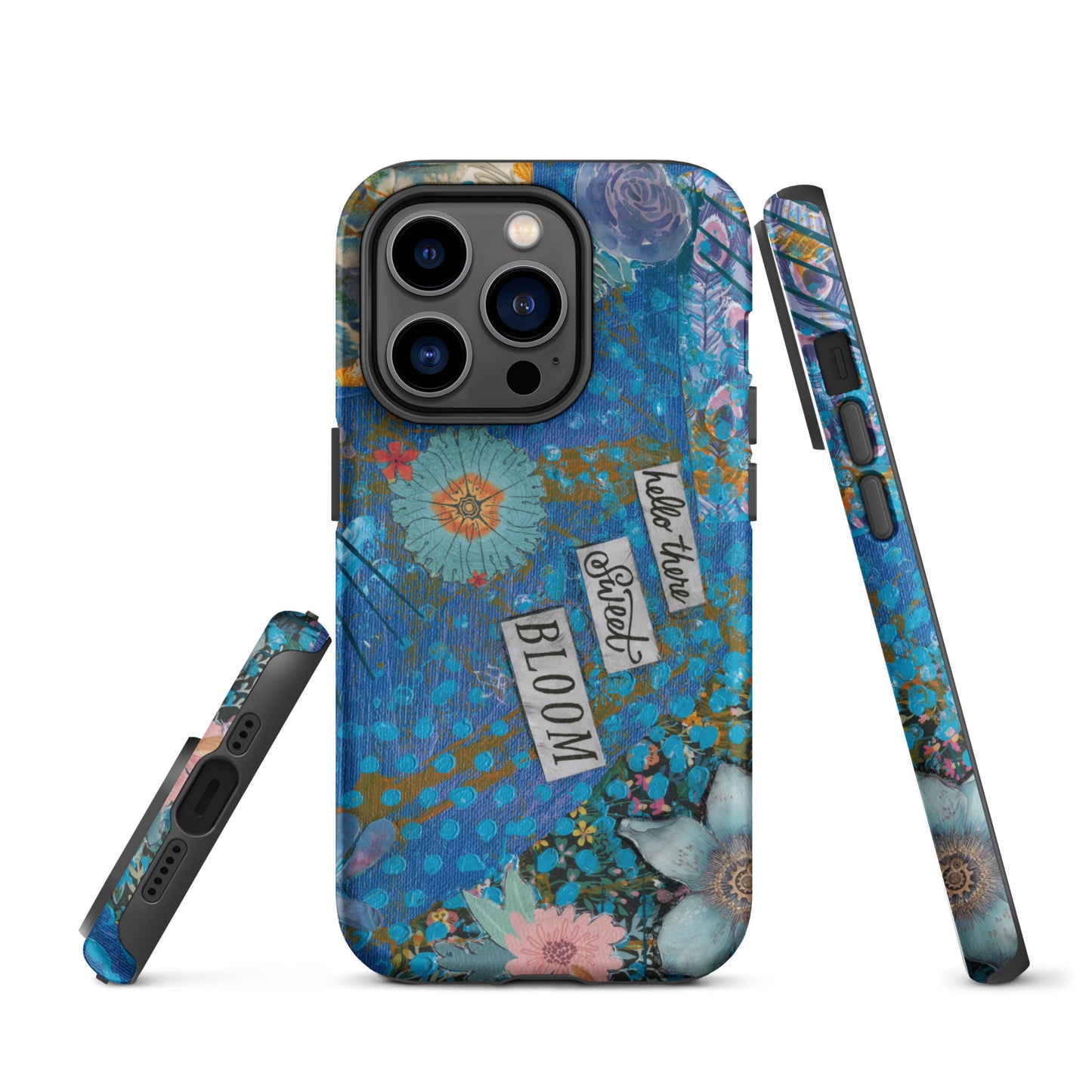 A front, side and bottom image of the blue floral phone case with hello there sweet bloom quote.
 