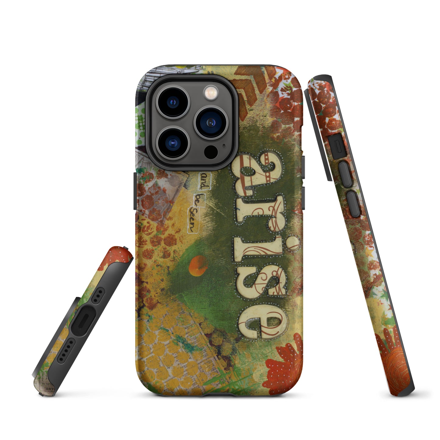 Image of the front, side & bottom views of the Arise and Be Seen artistic phone case.