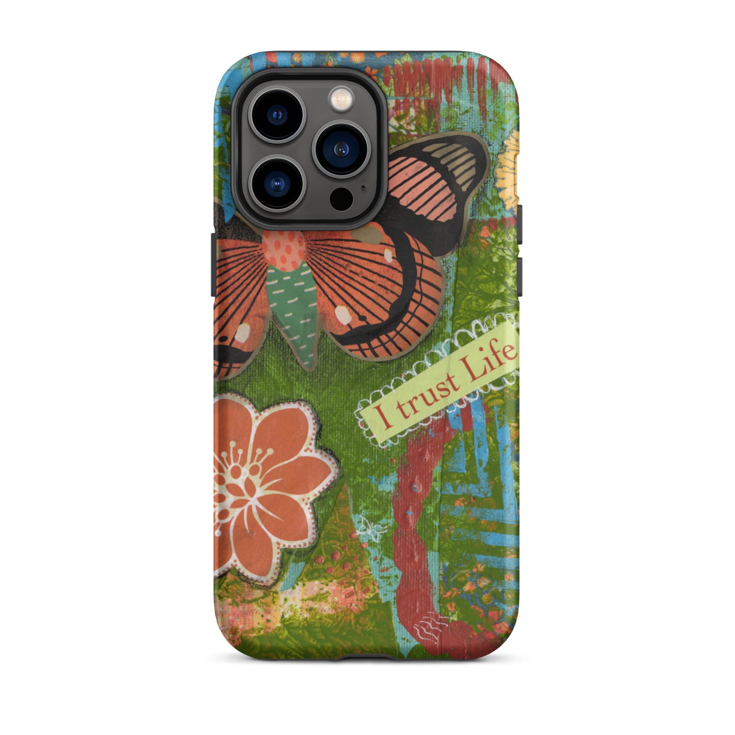 Phone case with butterfly and floral design on a green background
