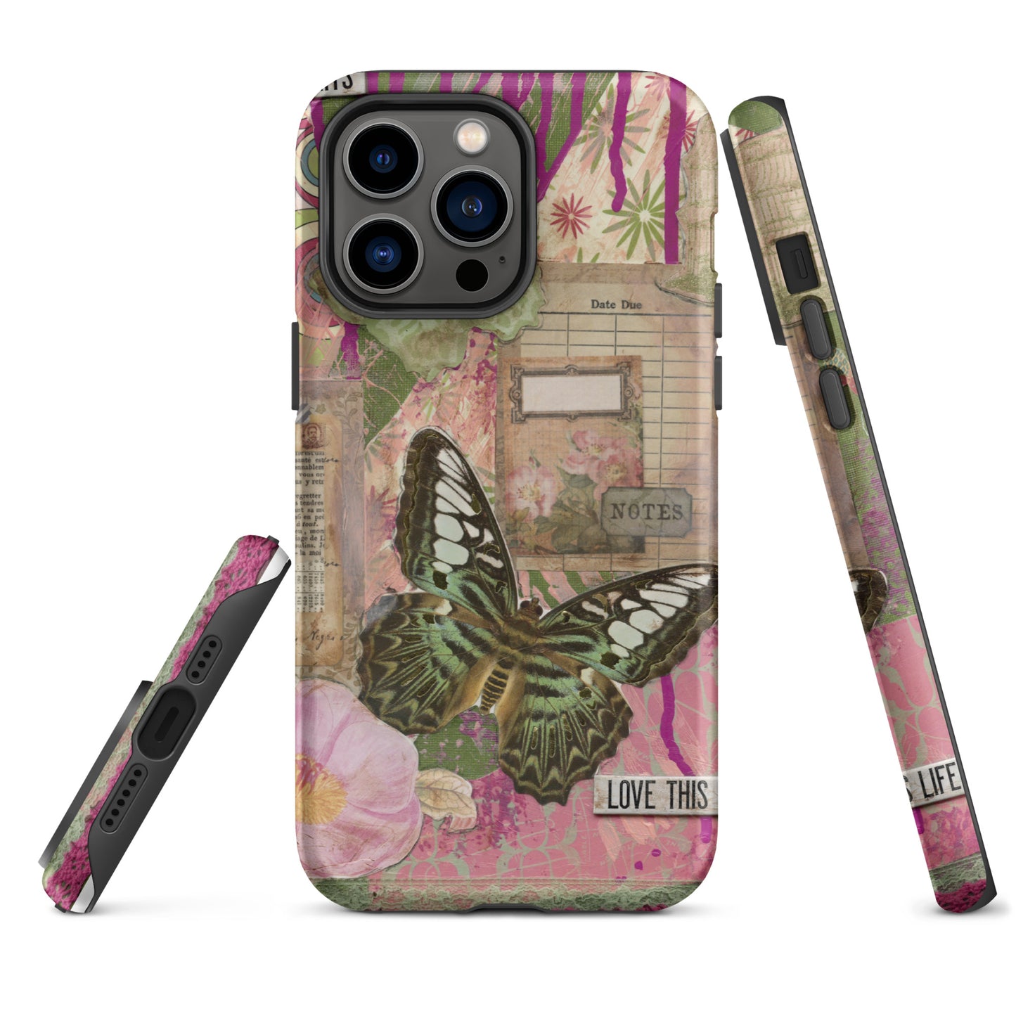 front, side and bottom view of pink floral butterfly phone case with love this life quote