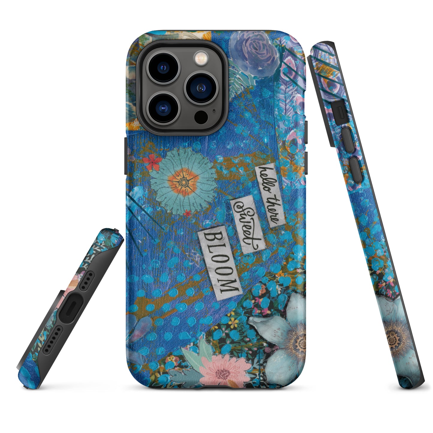 A front, side and bottom image of the blue floral phone case with hello there sweet bloom quote.
 