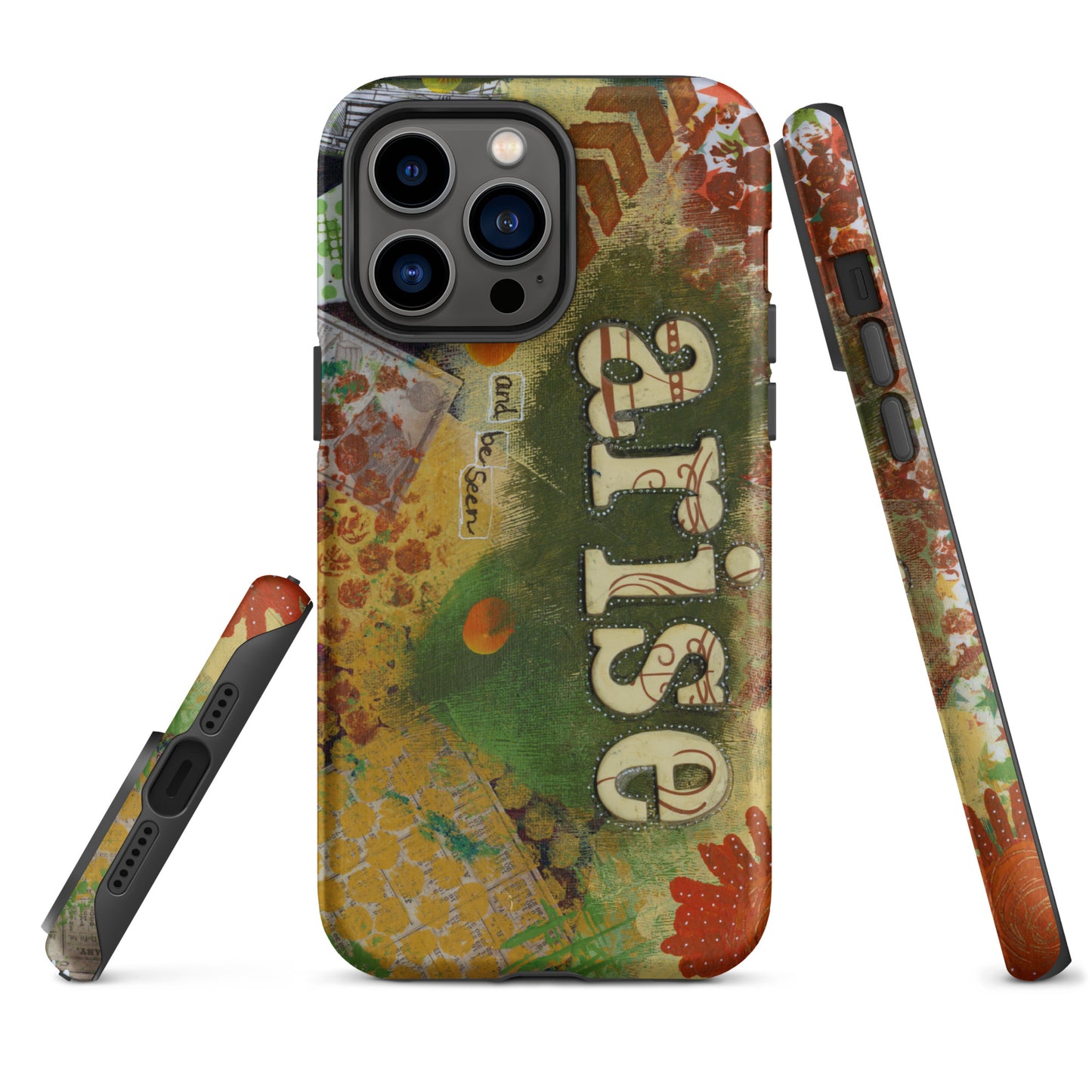 Image of the front, side & bottom views of the Arise and Be Seen artistic phone case.