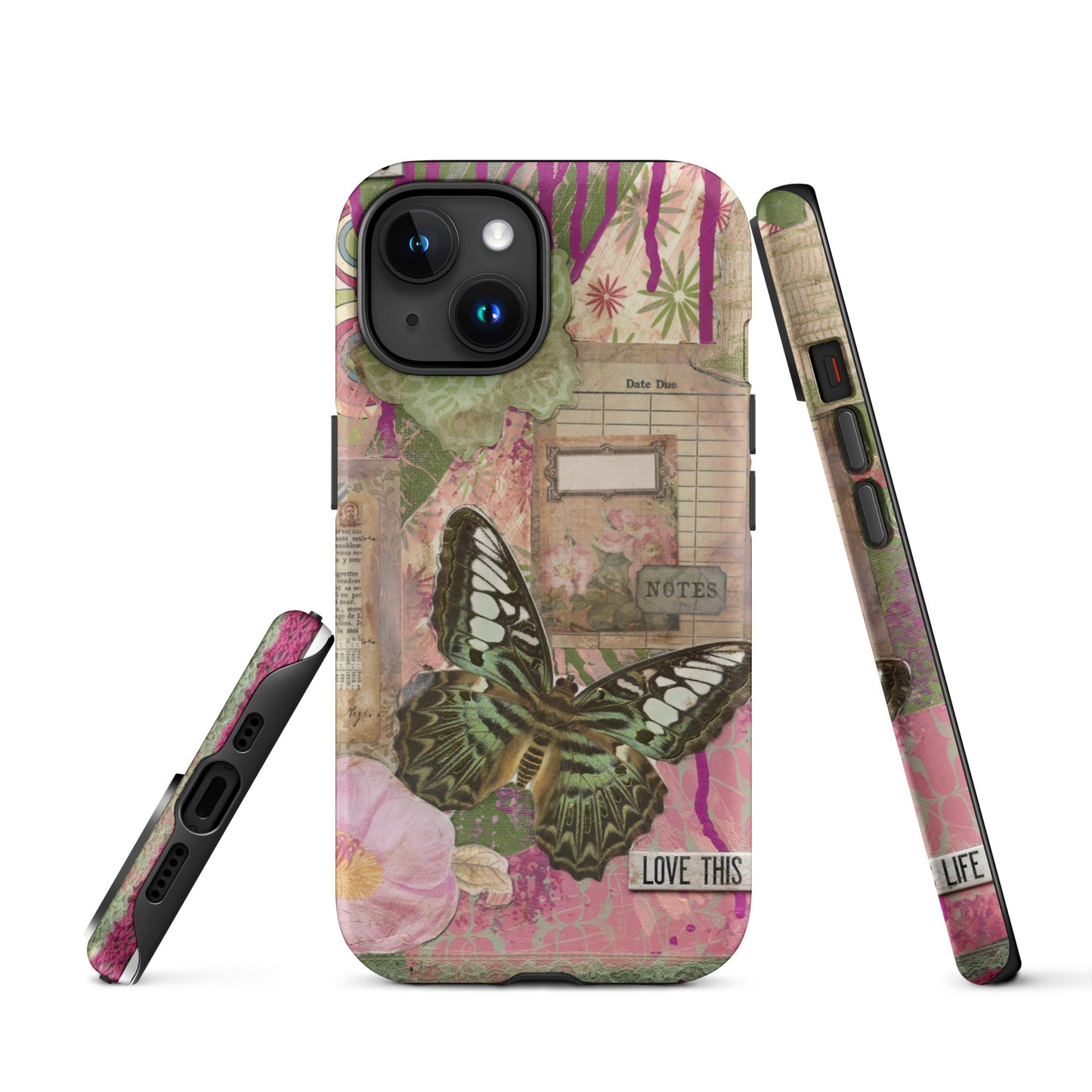 front, side and bottom view of pink floral butterfly phone case with love this life quote