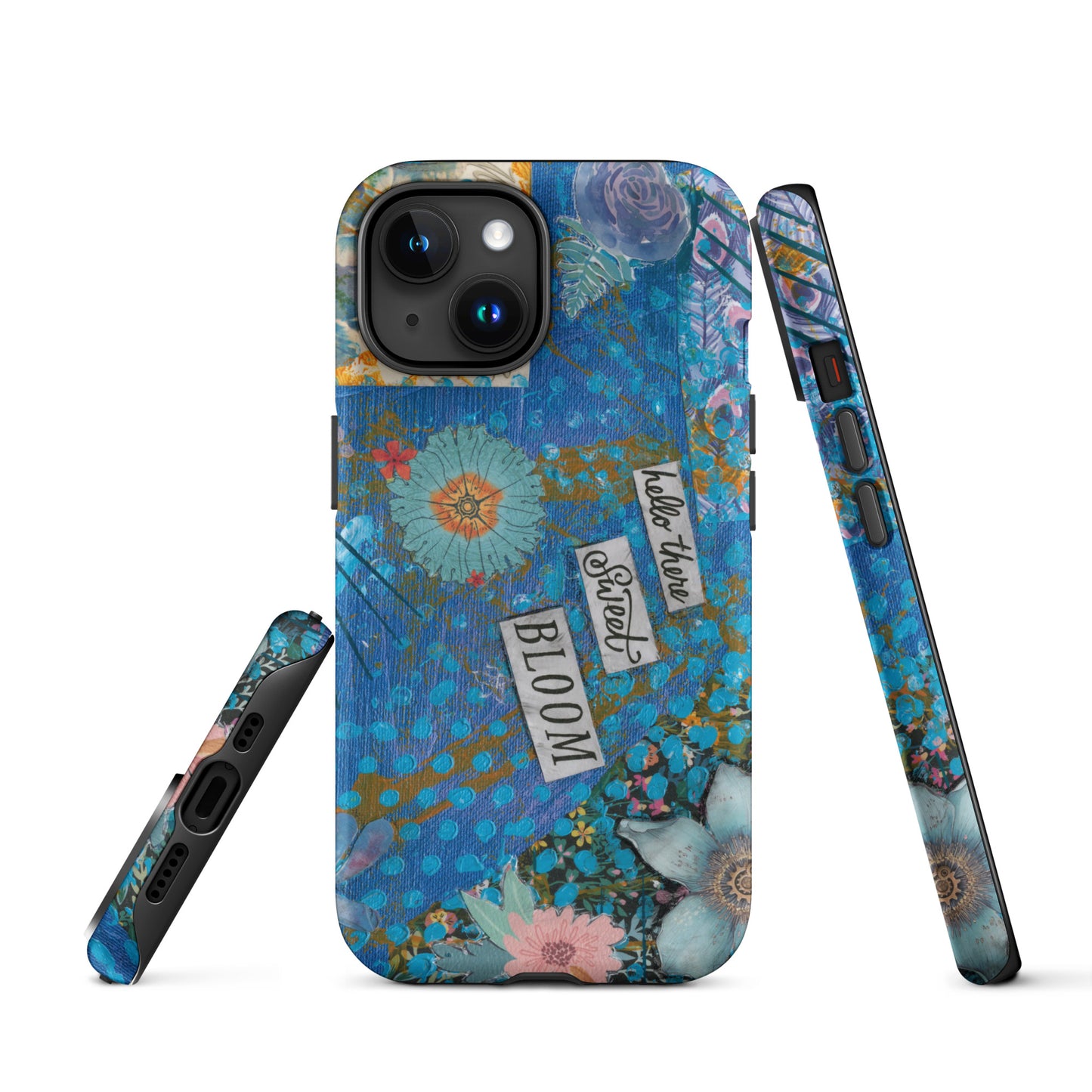 A front, side and bottom image of the blue floral phone case with hello there sweet bloom quote.
 