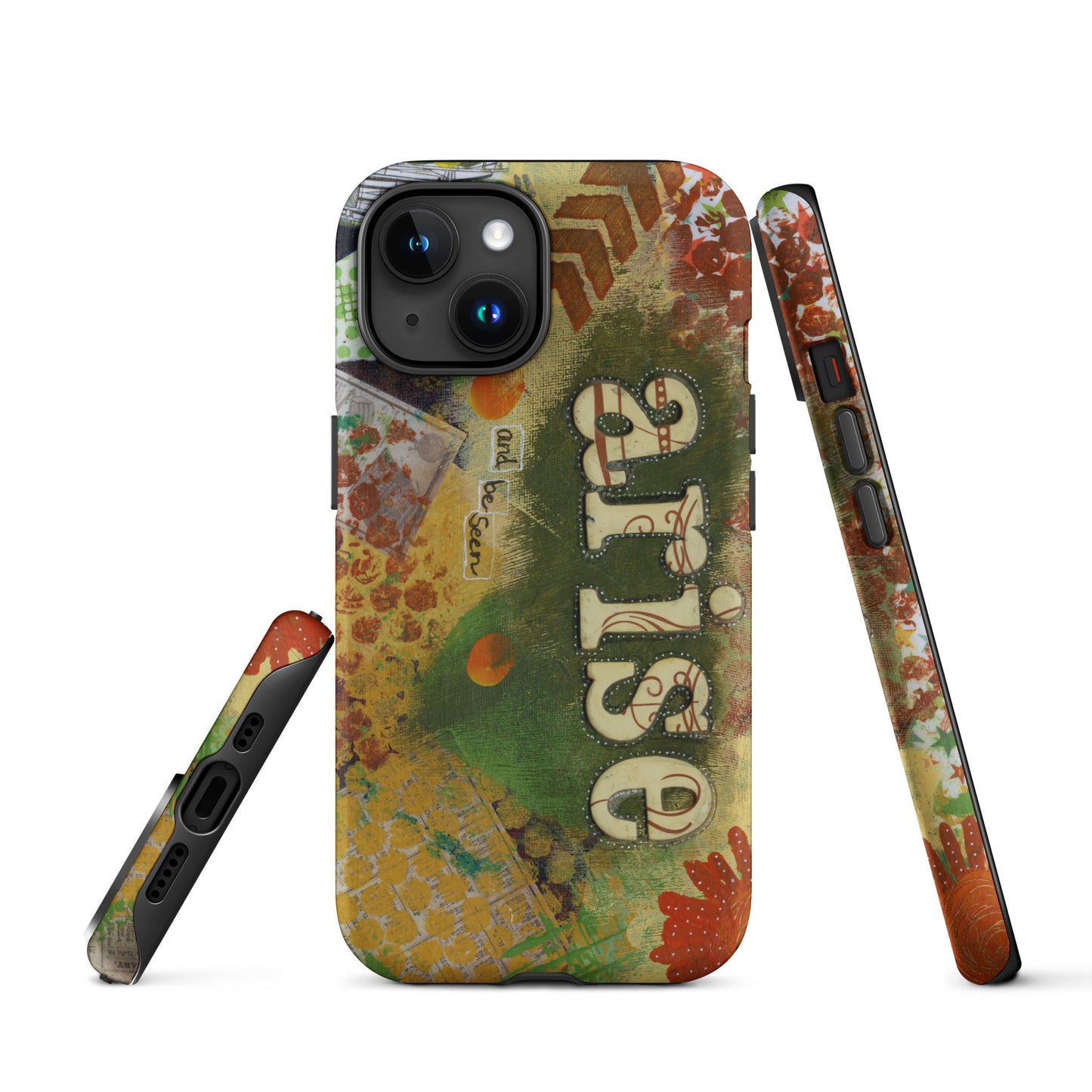 Image of the front, side & bottom views of the Arise and Be Seen artistic phone case.
