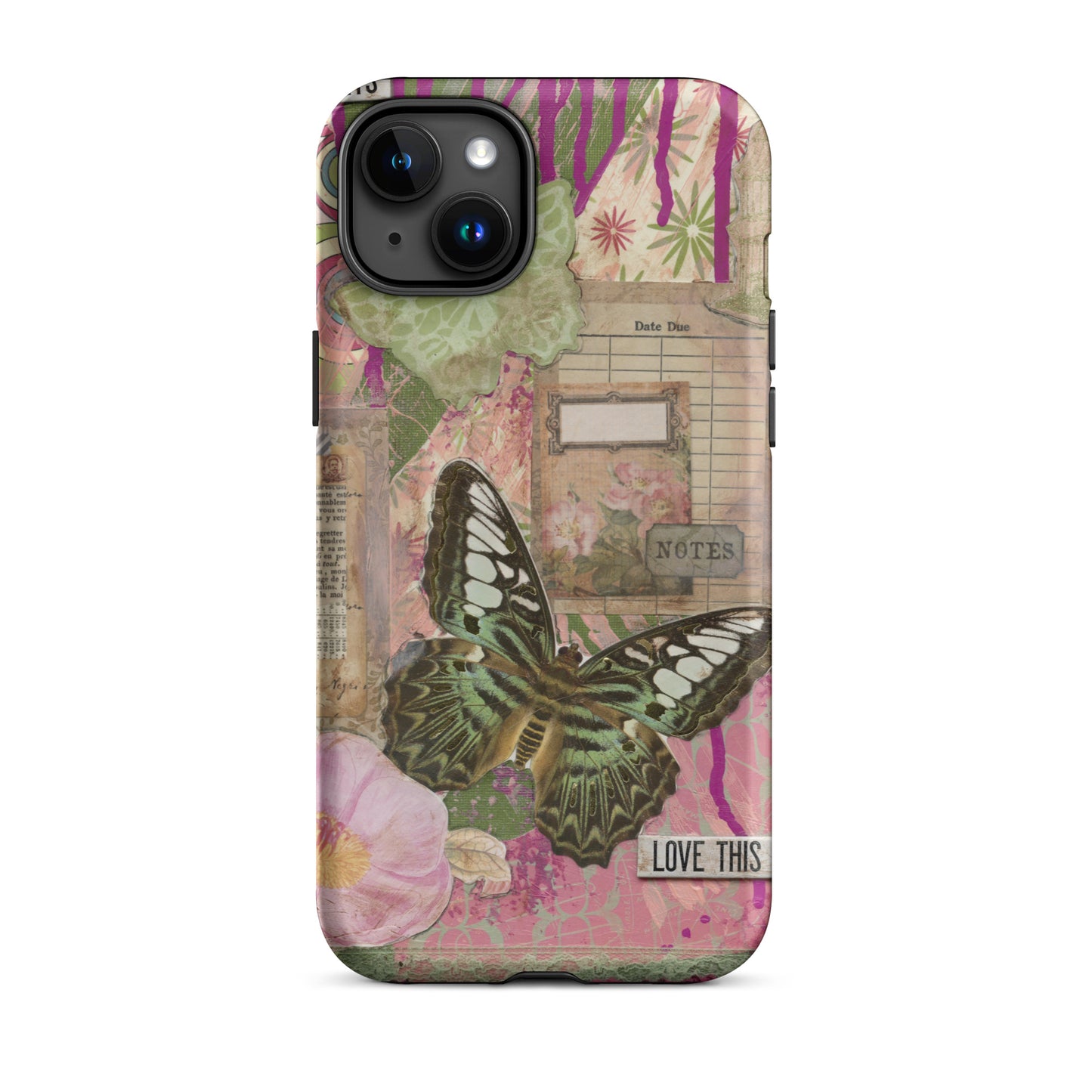 front, side and bottom view of pink floral butterfly phone case with love this life quote