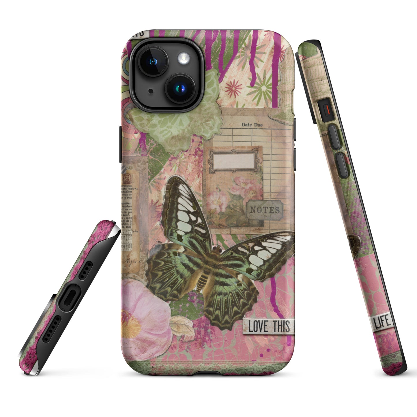 front, side and bottom view of pink floral butterfly phone case with love this life quote