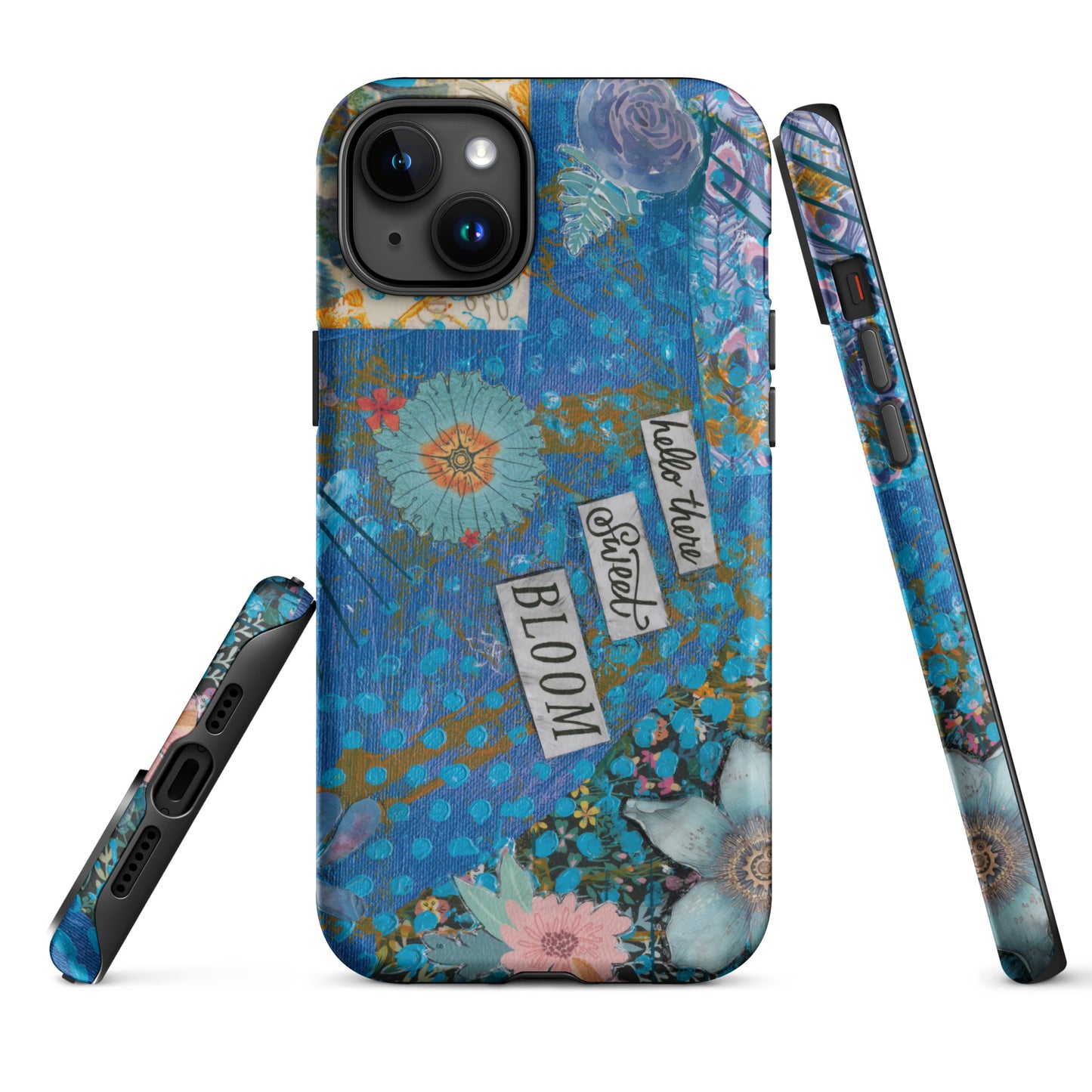 A front, side and bottom image of the blue floral phone case with hello there sweet bloom quote.
 