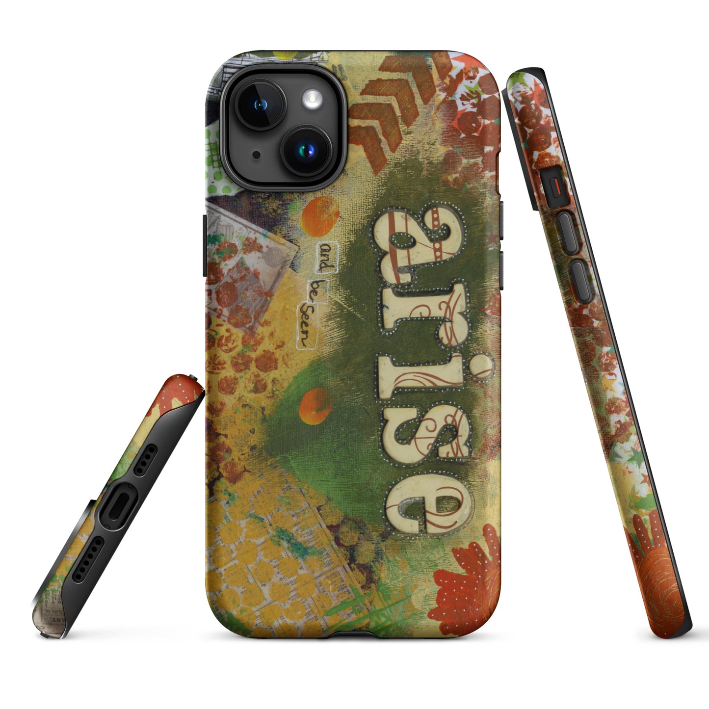 Image of the front, side & bottom views of the Arise and Be Seen artistic phone case.