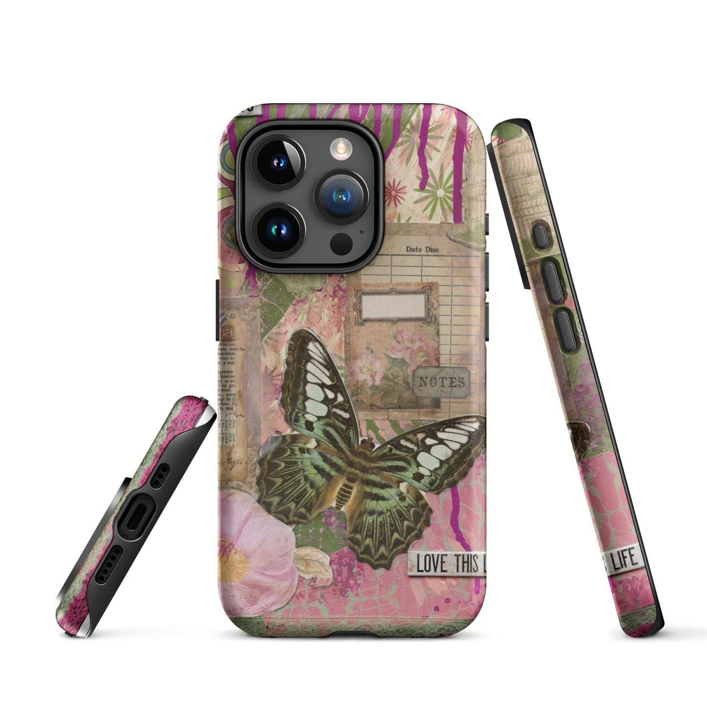 front, side and bottom view of pink floral butterfly phone case with love this life quote