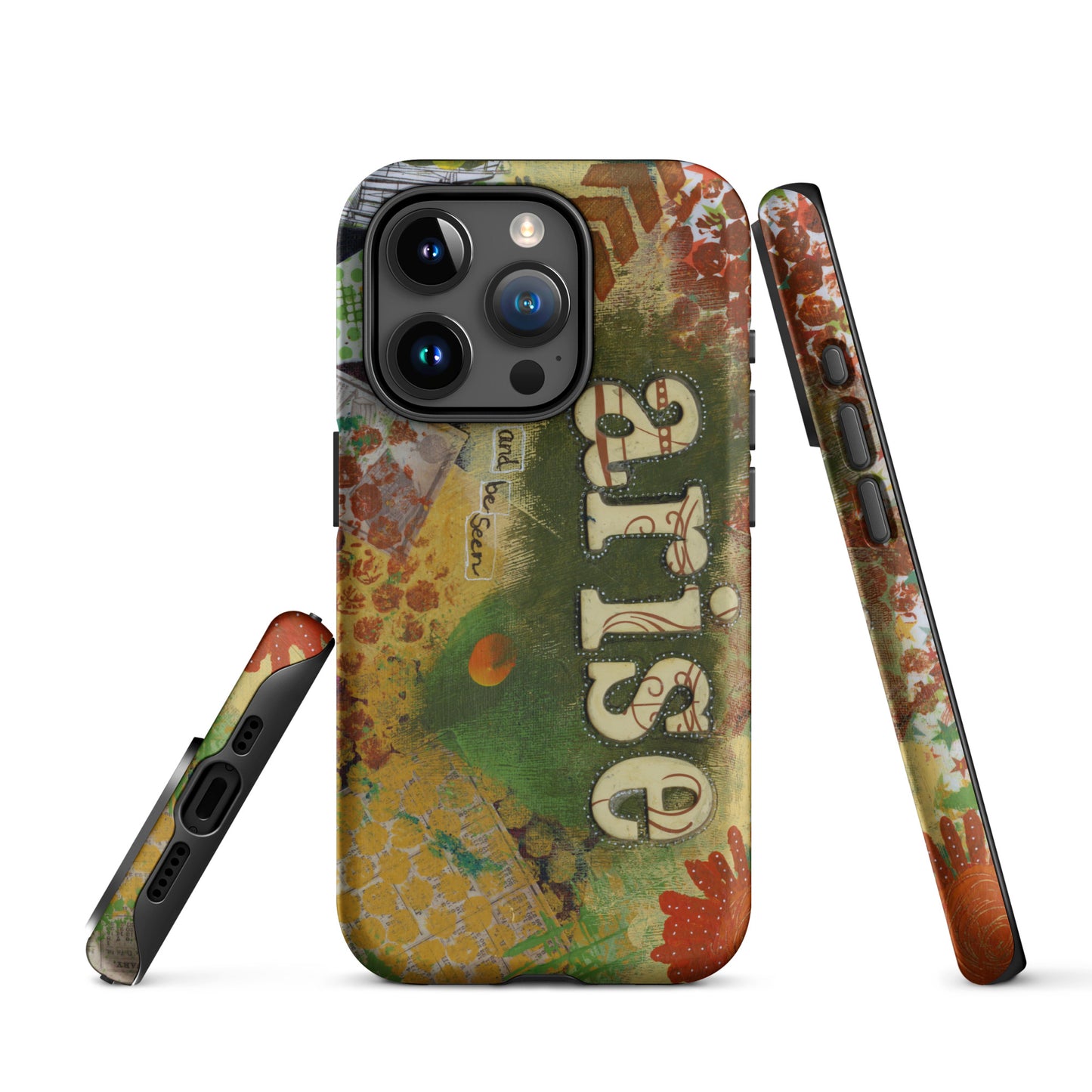 Image of the front, side & bottom views of the Arise and Be Seen artistic phone case.