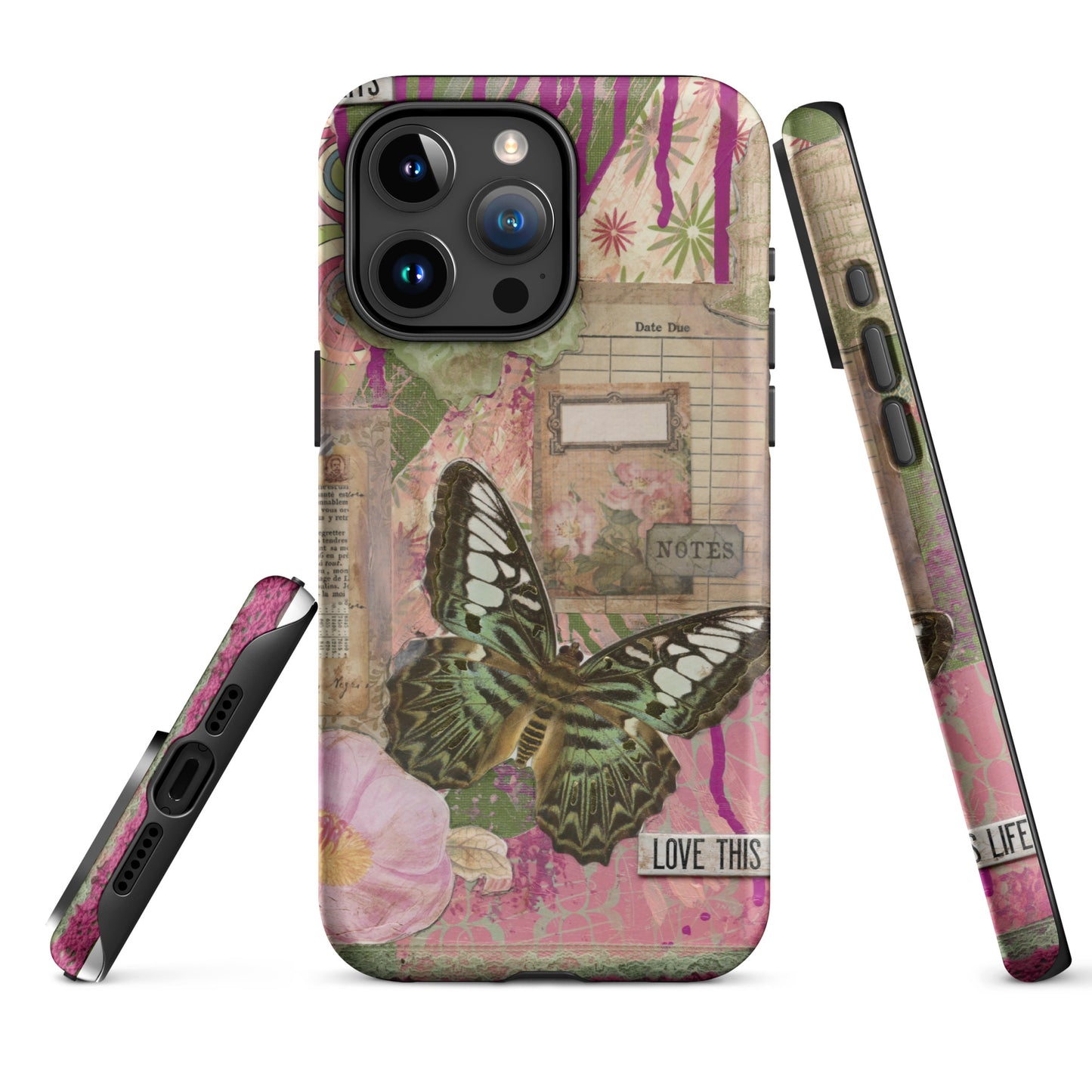 front, side and bottom view of pink floral butterfly phone case with love this life quote
