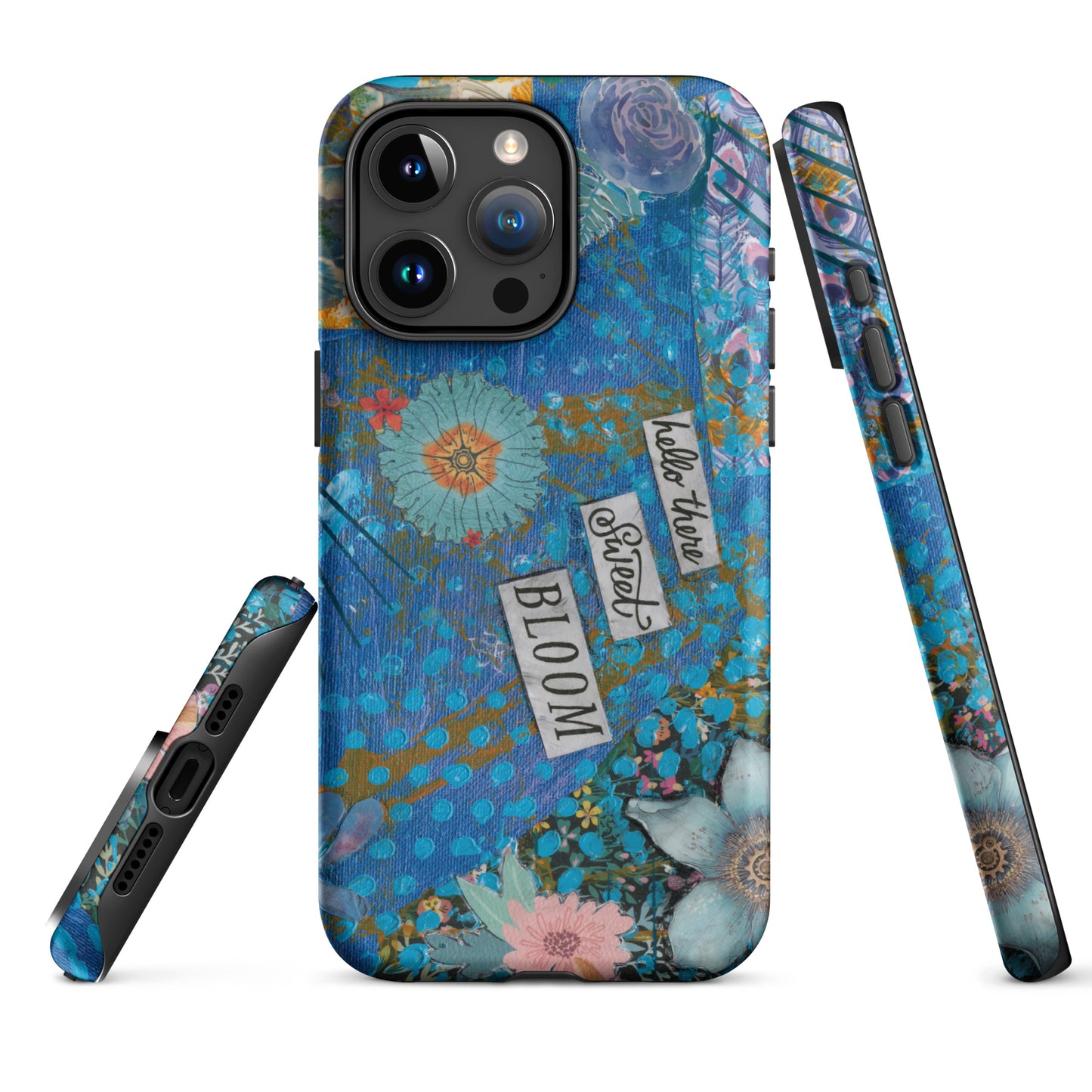 A front, side and bottom image of the blue floral phone case with hello there sweet bloom quote.
 