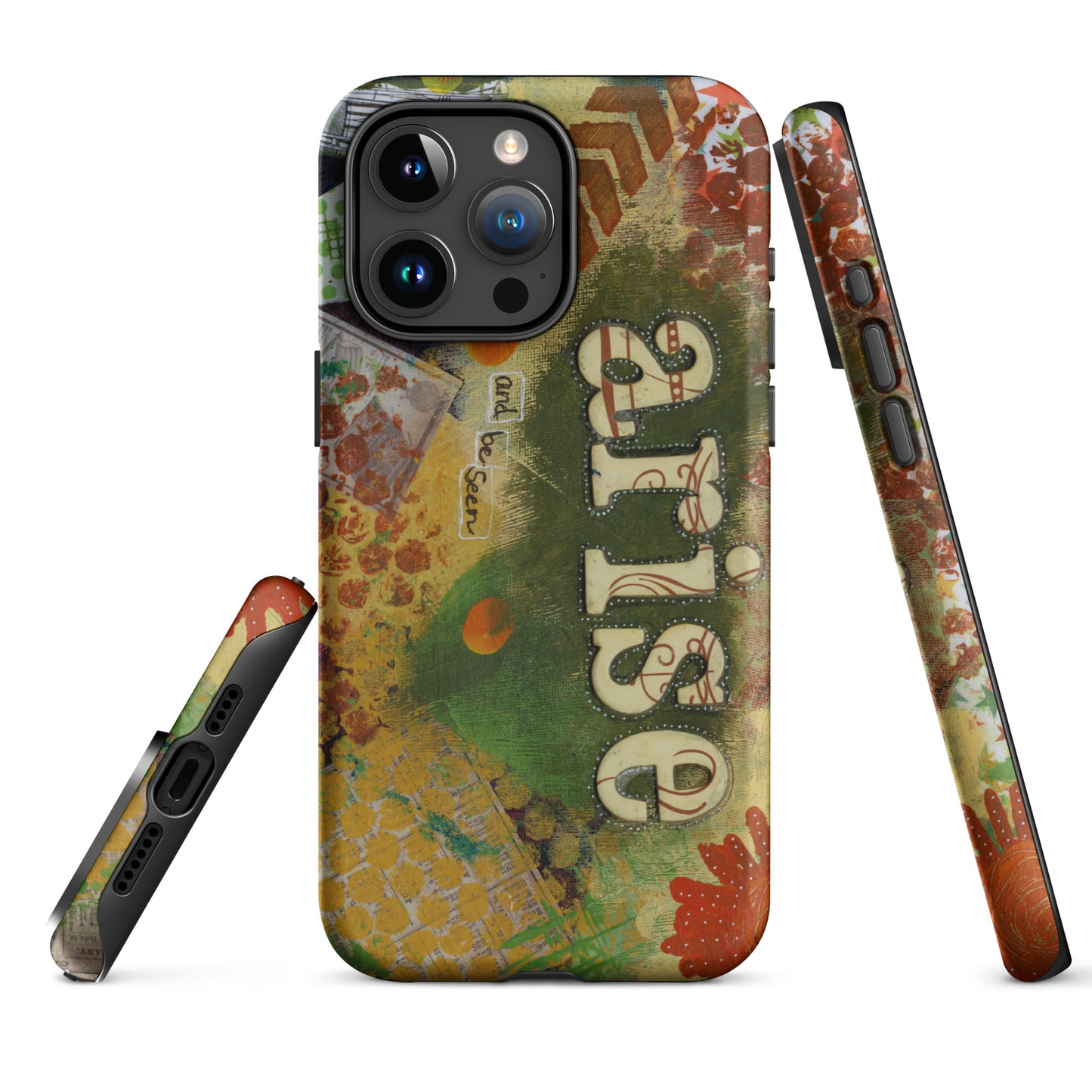 Image of the front, side & bottom views of the Arise and Be Seen artistic phone case.