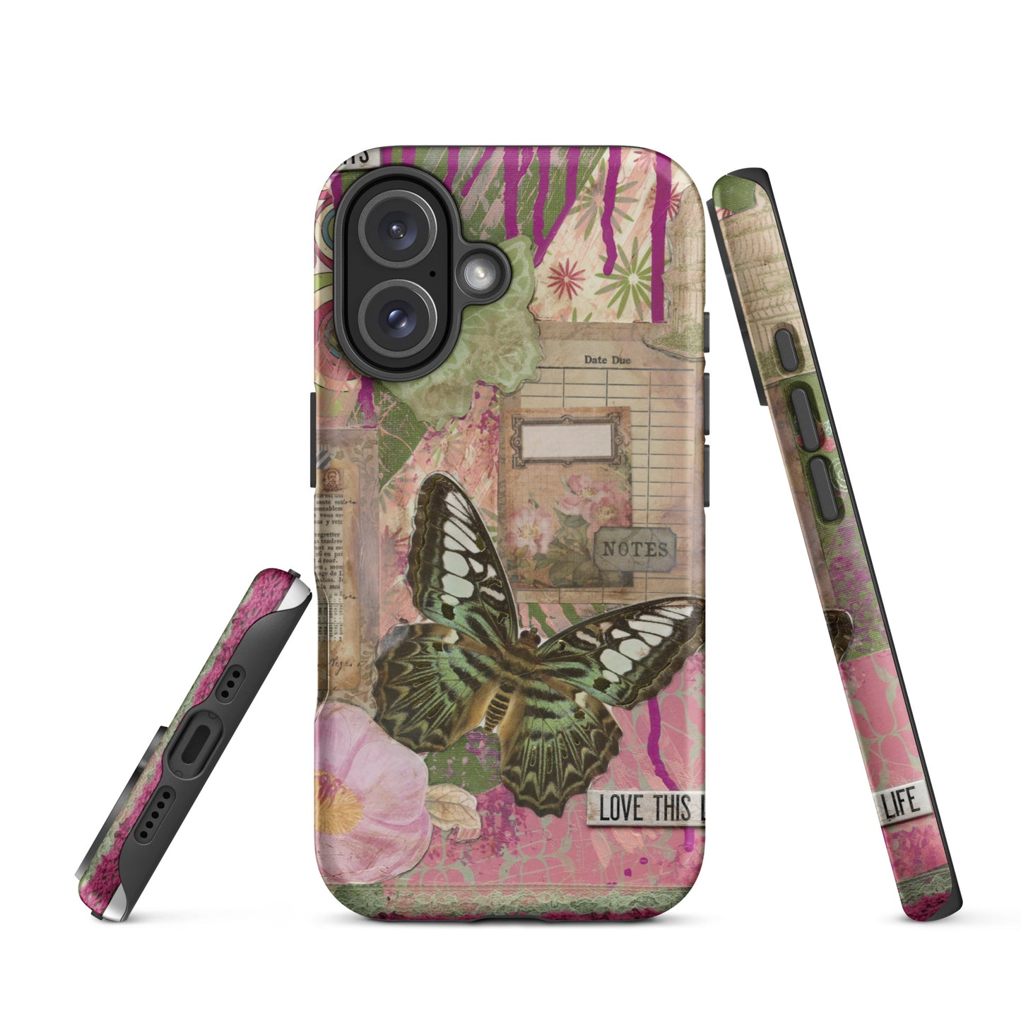 front, side and bottom view of pink floral butterfly phone case with love this life quote