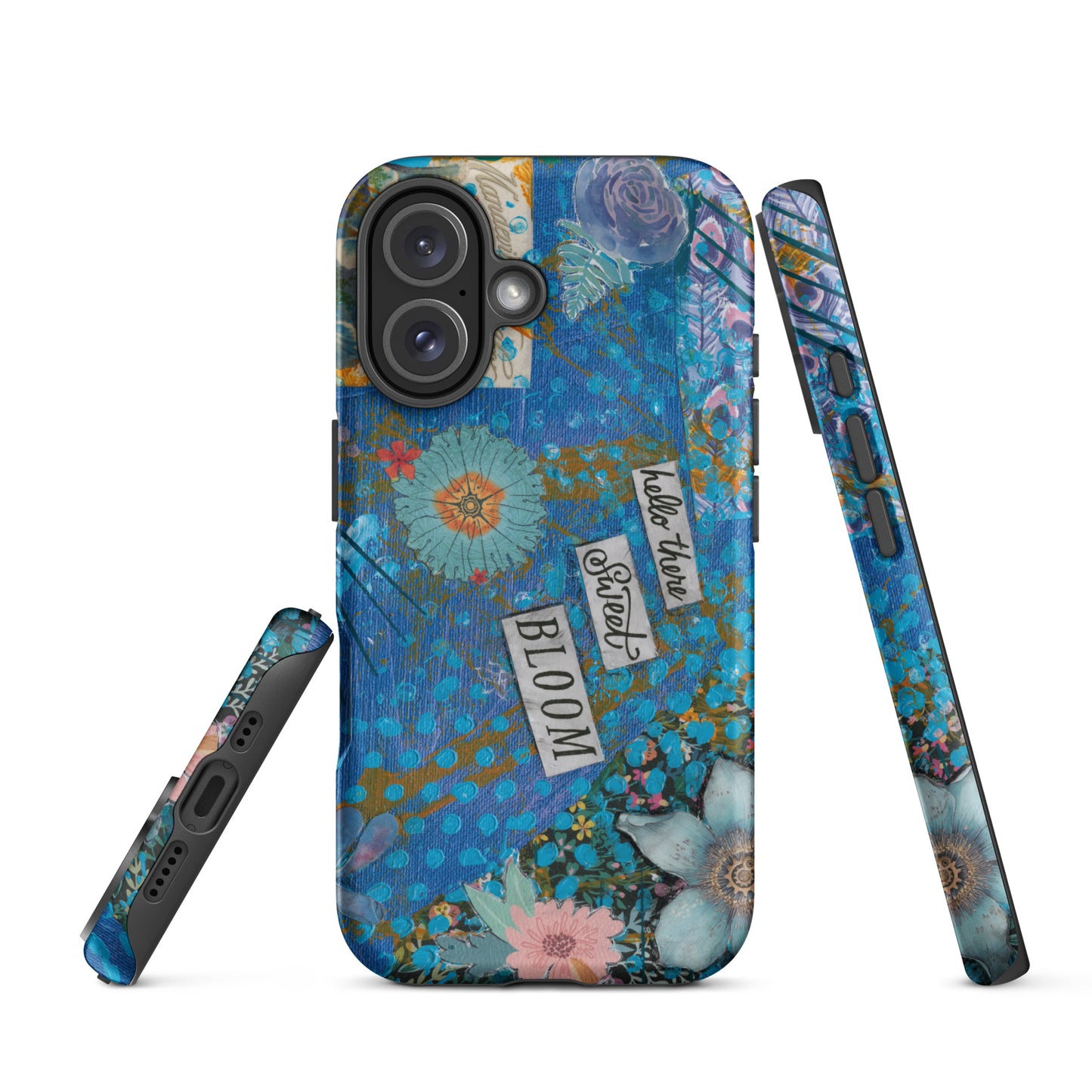 A front, side and bottom image of the blue floral phone case with hello there sweet bloom quote.
 