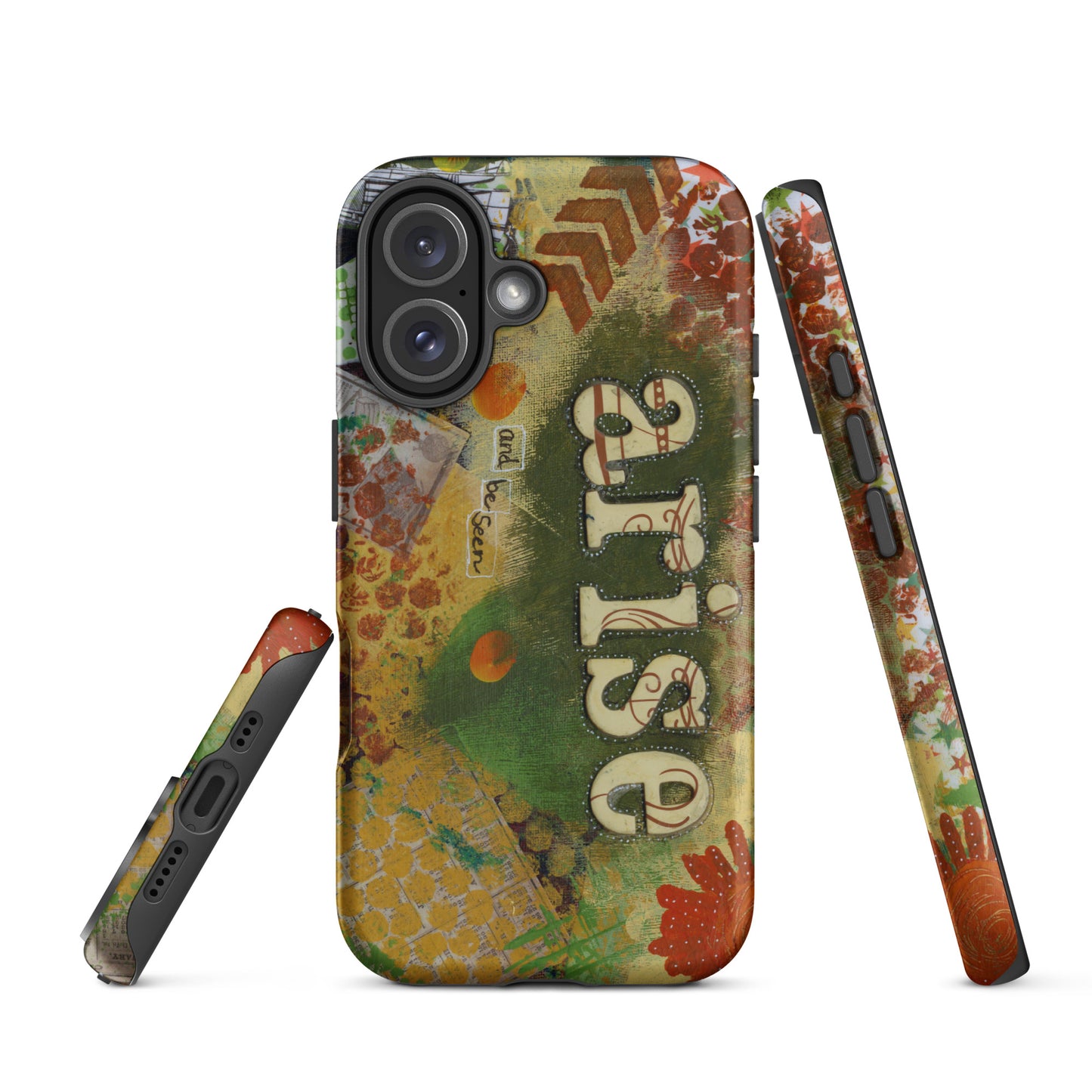 Image of the front, side & bottom views of the Arise and Be Seen artistic phone case.