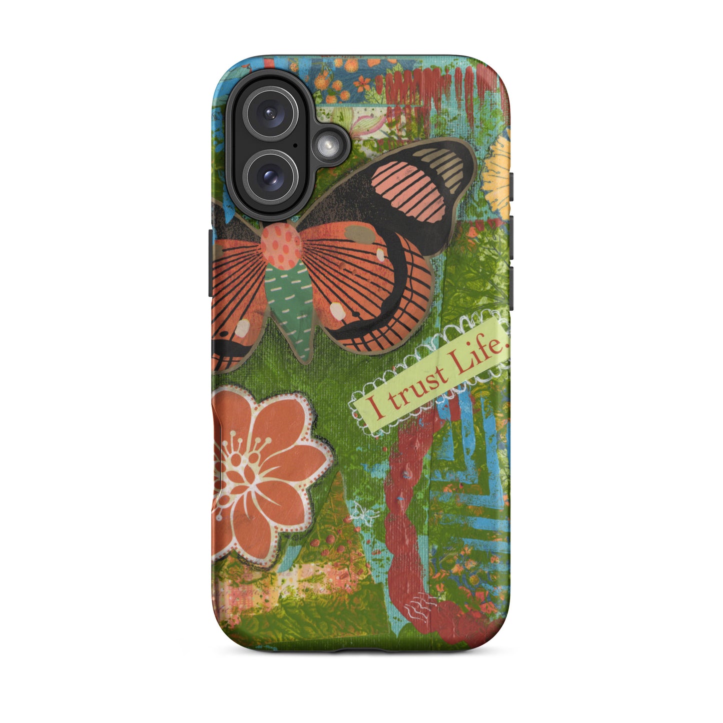 ront view of artistic butterfly phone case with orange flower and yellow flower and words " I Trust Life" on the iPhone case.