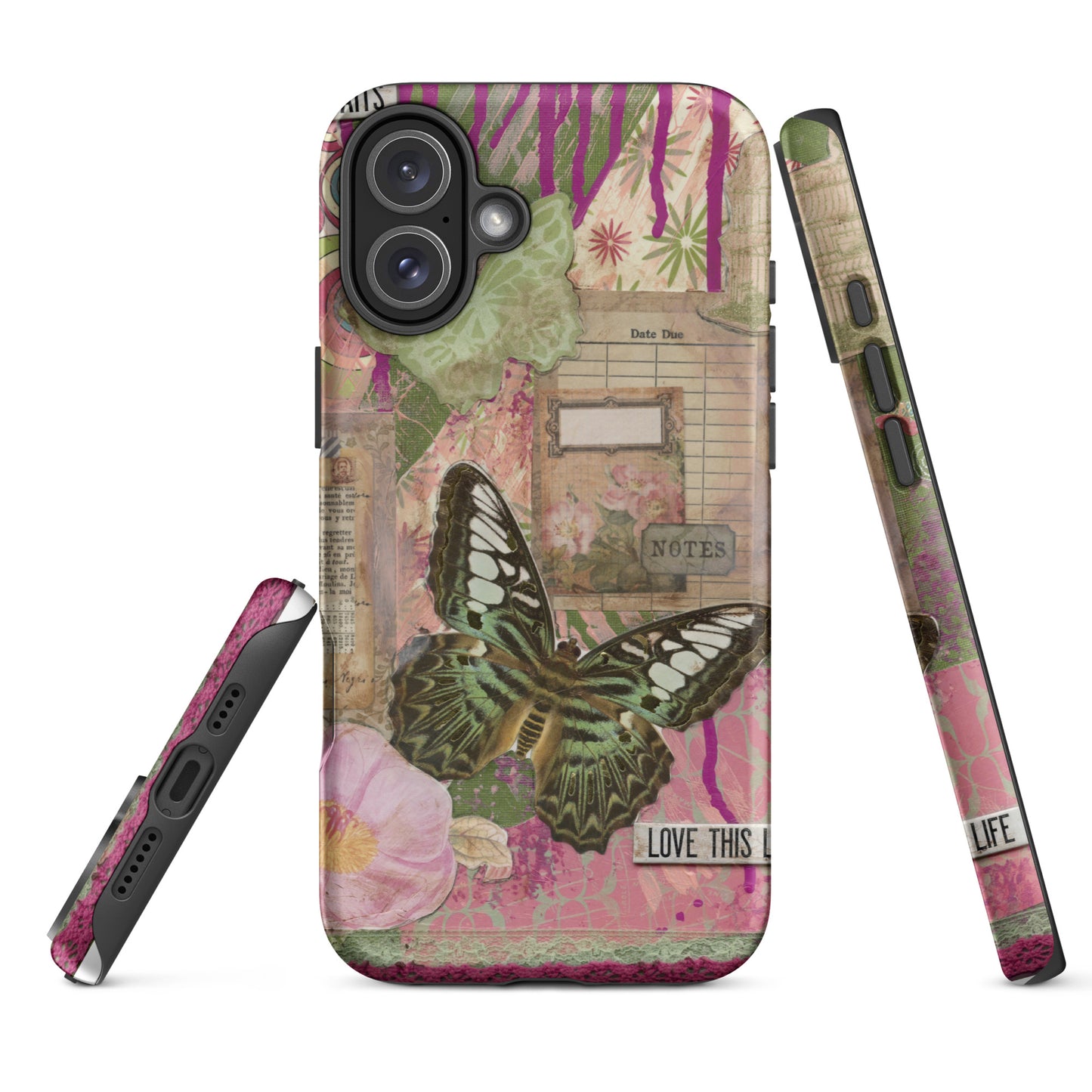 front, side and bottom view of pink floral butterfly phone case with love this life quote
