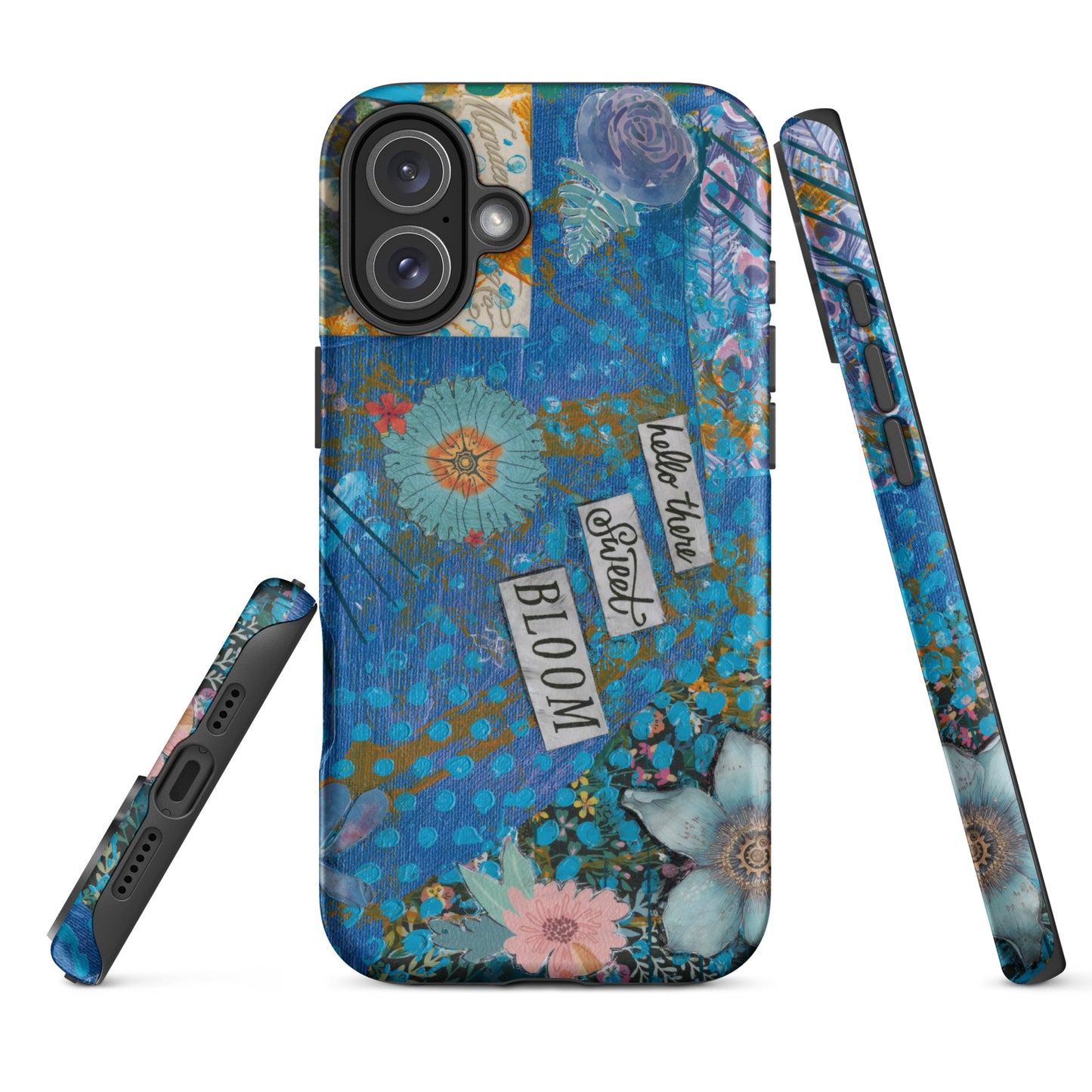 A front, side and bottom image of the blue floral phone case with hello there sweet bloom quote.
 