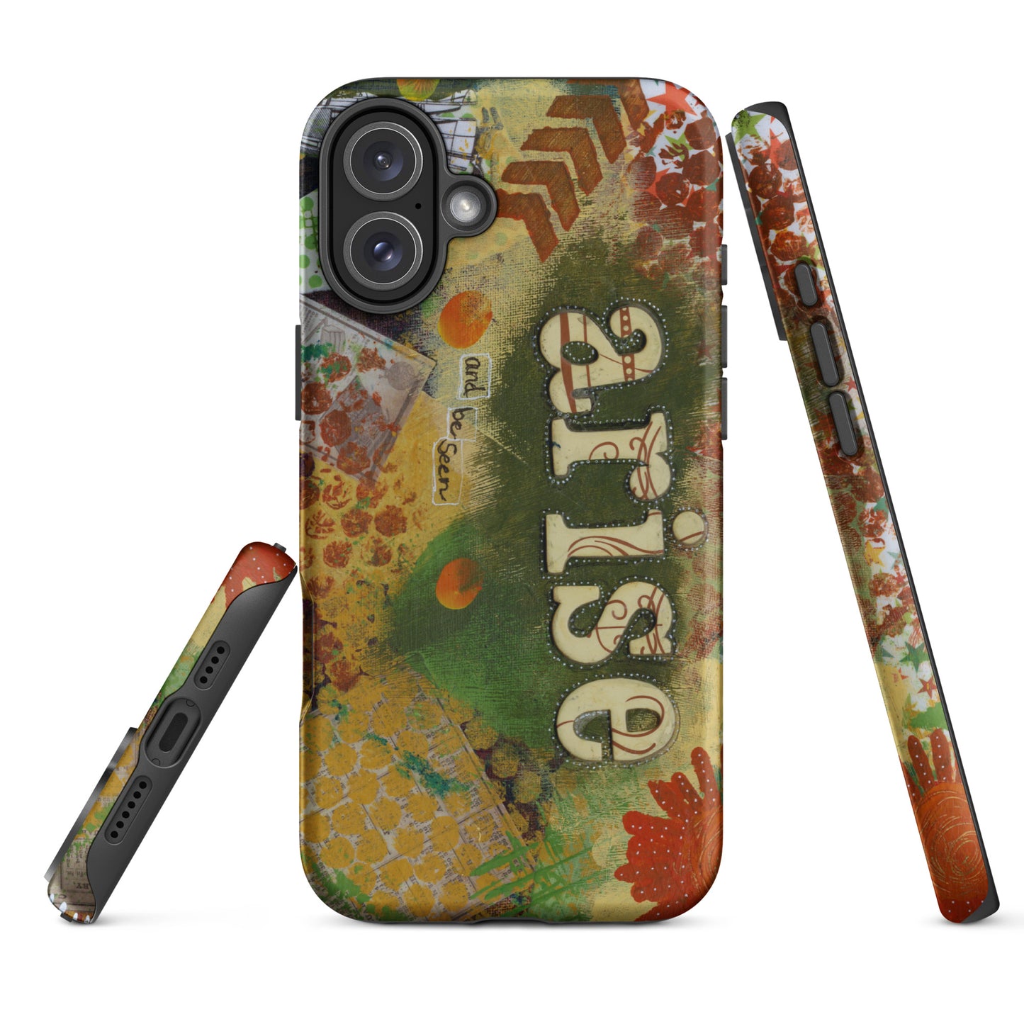 Image of the front, side & bottom views of the Arise and Be Seen artistic phone case.