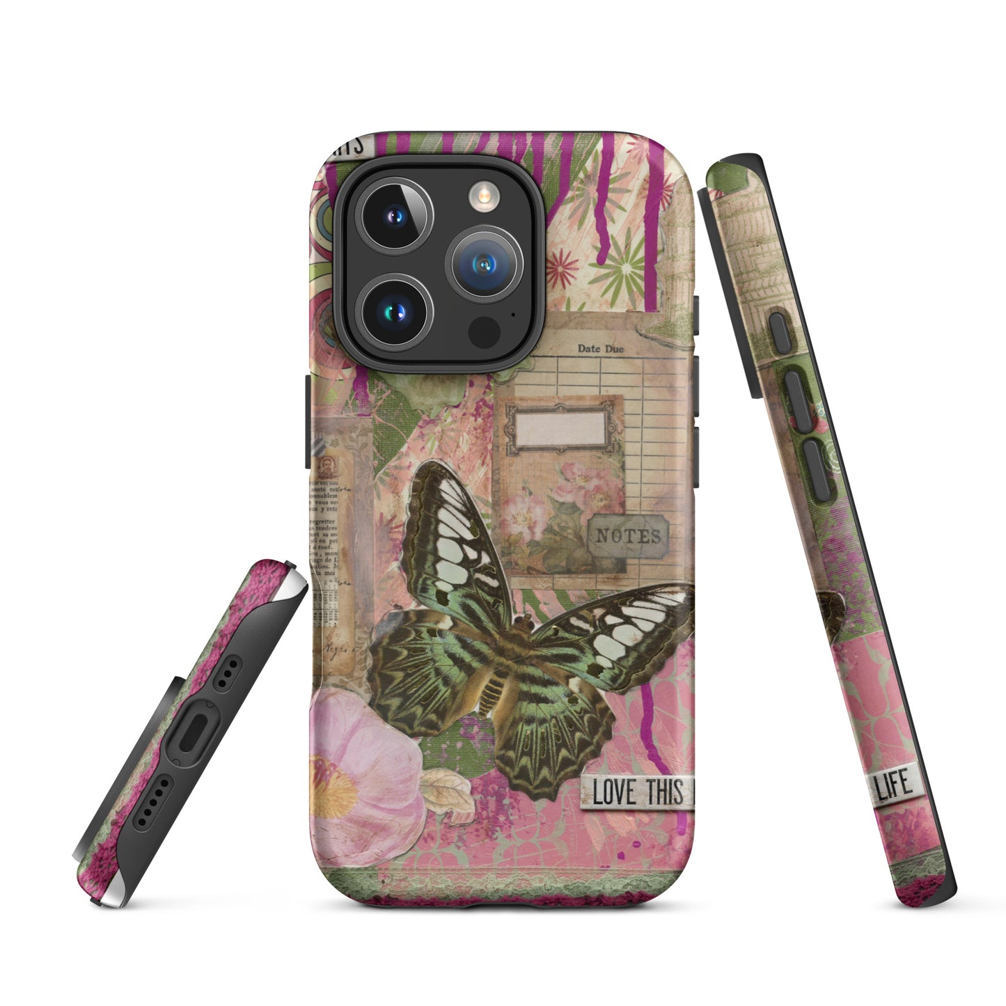 front, side and bottom view of pink floral butterfly phone case with love this life quote