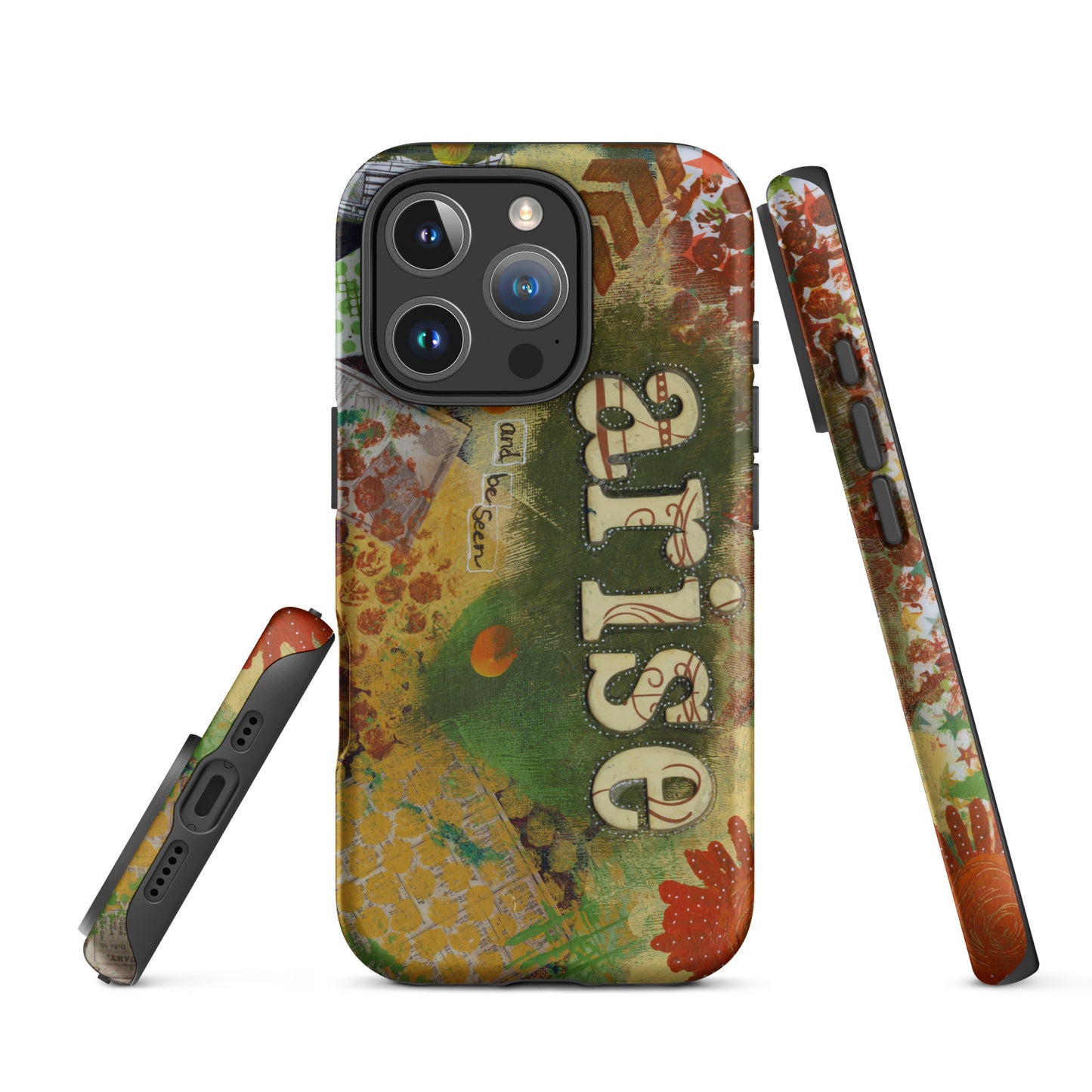Image of the front, side & bottom views of the Arise and Be Seen artistic phone case.