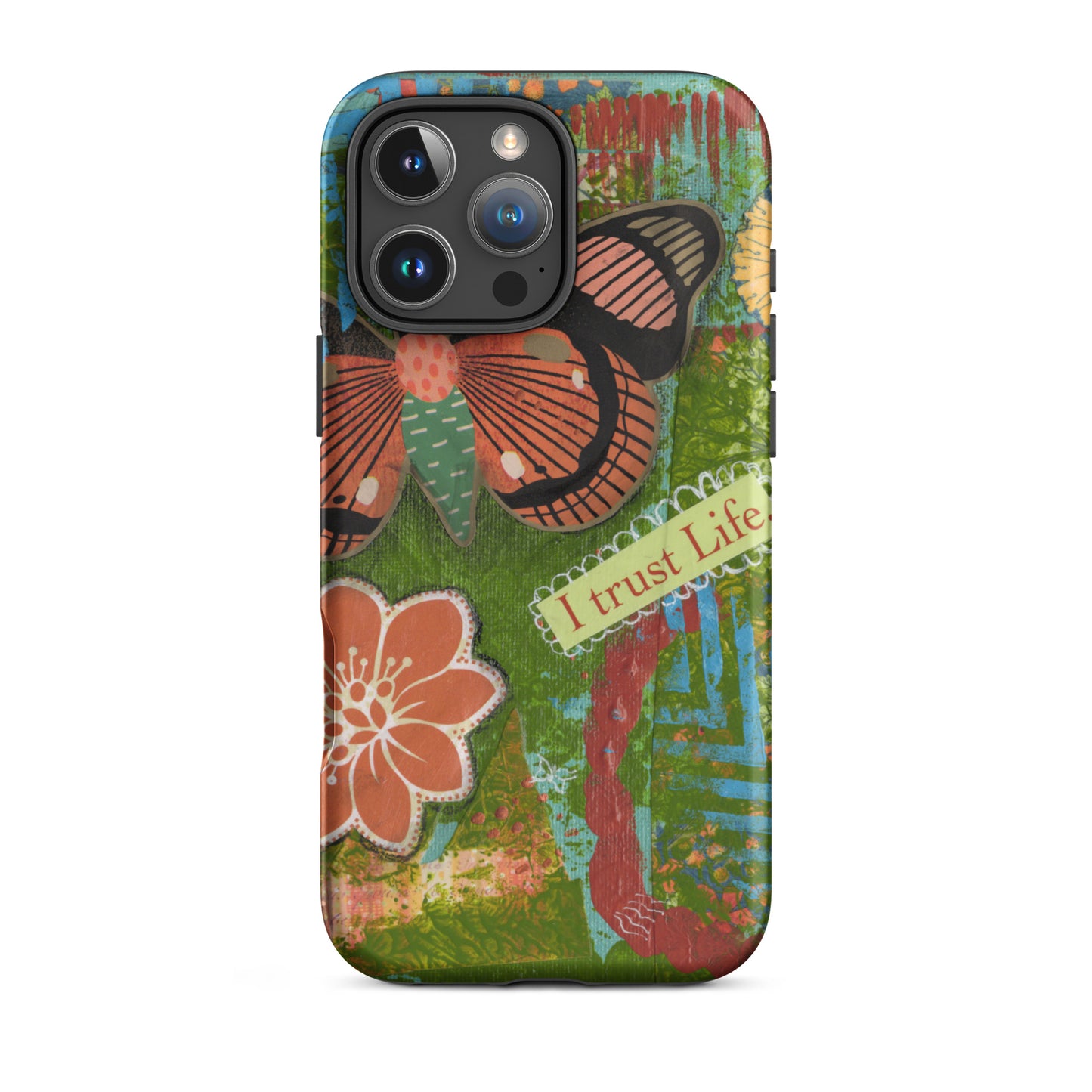 Phone case with butterfly and floral design on a colorful background