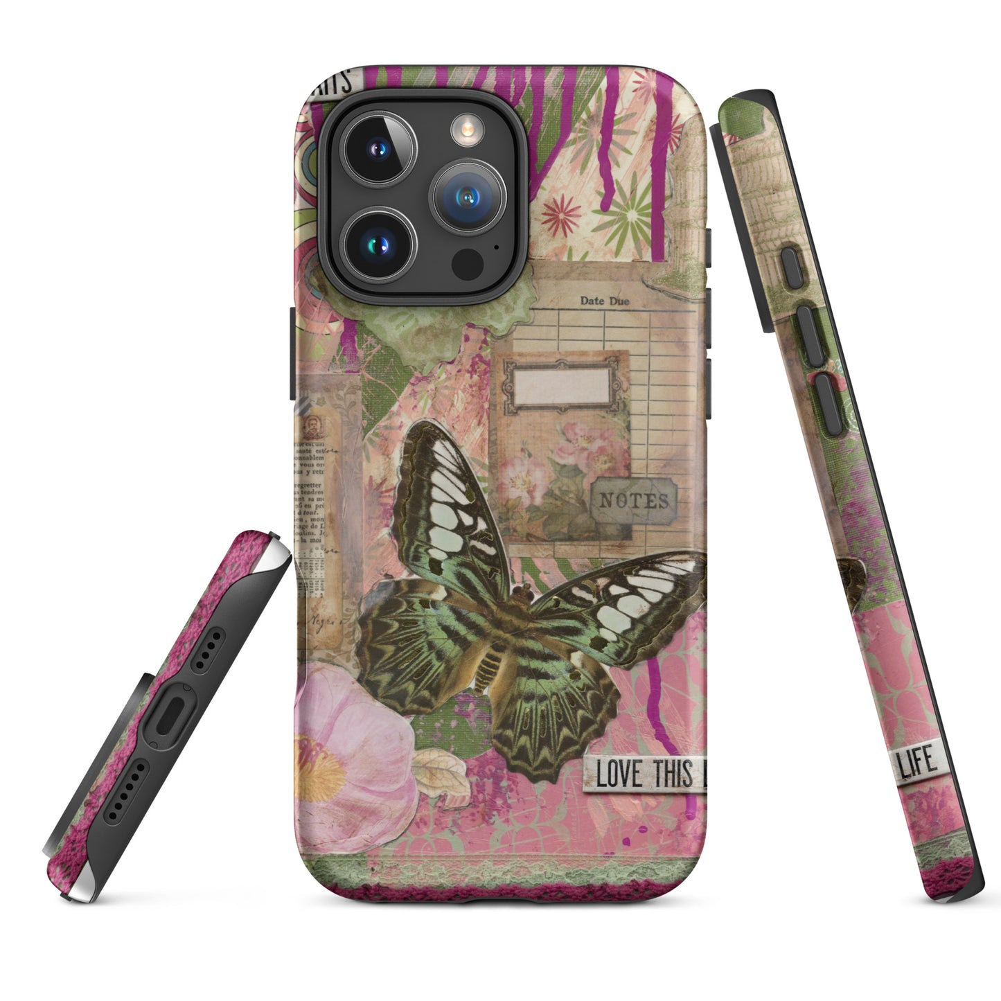 front, side and bottom view of pink floral butterfly phone case with love this life quote