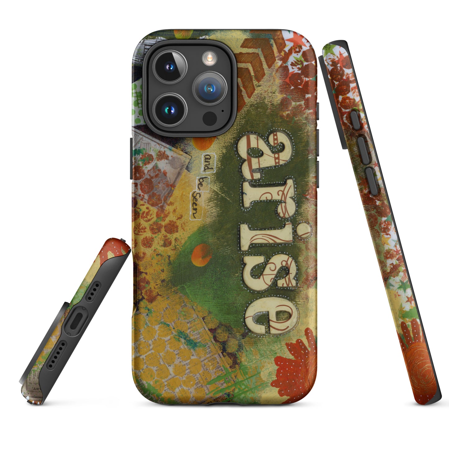 Image of the front, side & bottom views of the Arise and Be Seen artistic phone case.