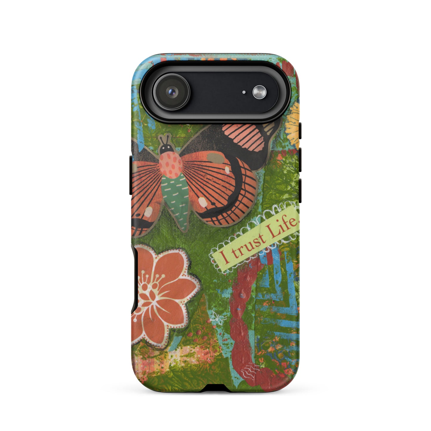 ront view of artistic butterfly phone case with orange flower and yellow flower and words " I Trust Life" on the iPhone case.