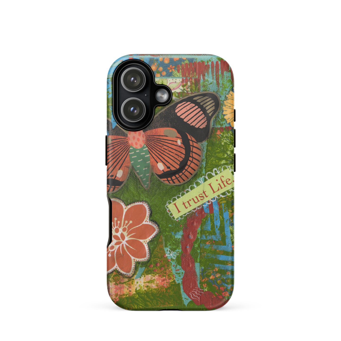ront view of artistic butterfly phone case with orange flower and yellow flower and words " I Trust Life" on the iPhone case.