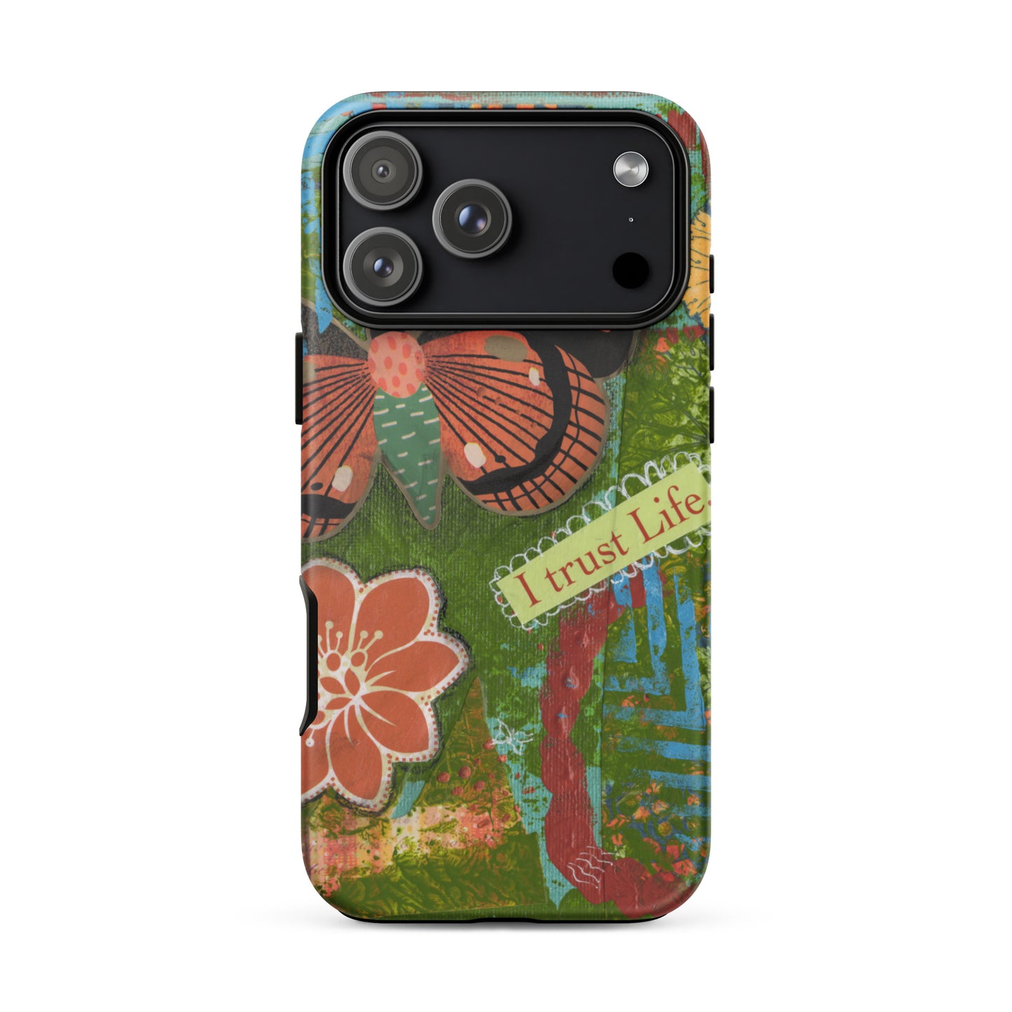 Colorful phone case with floral and abstract designs on a white background