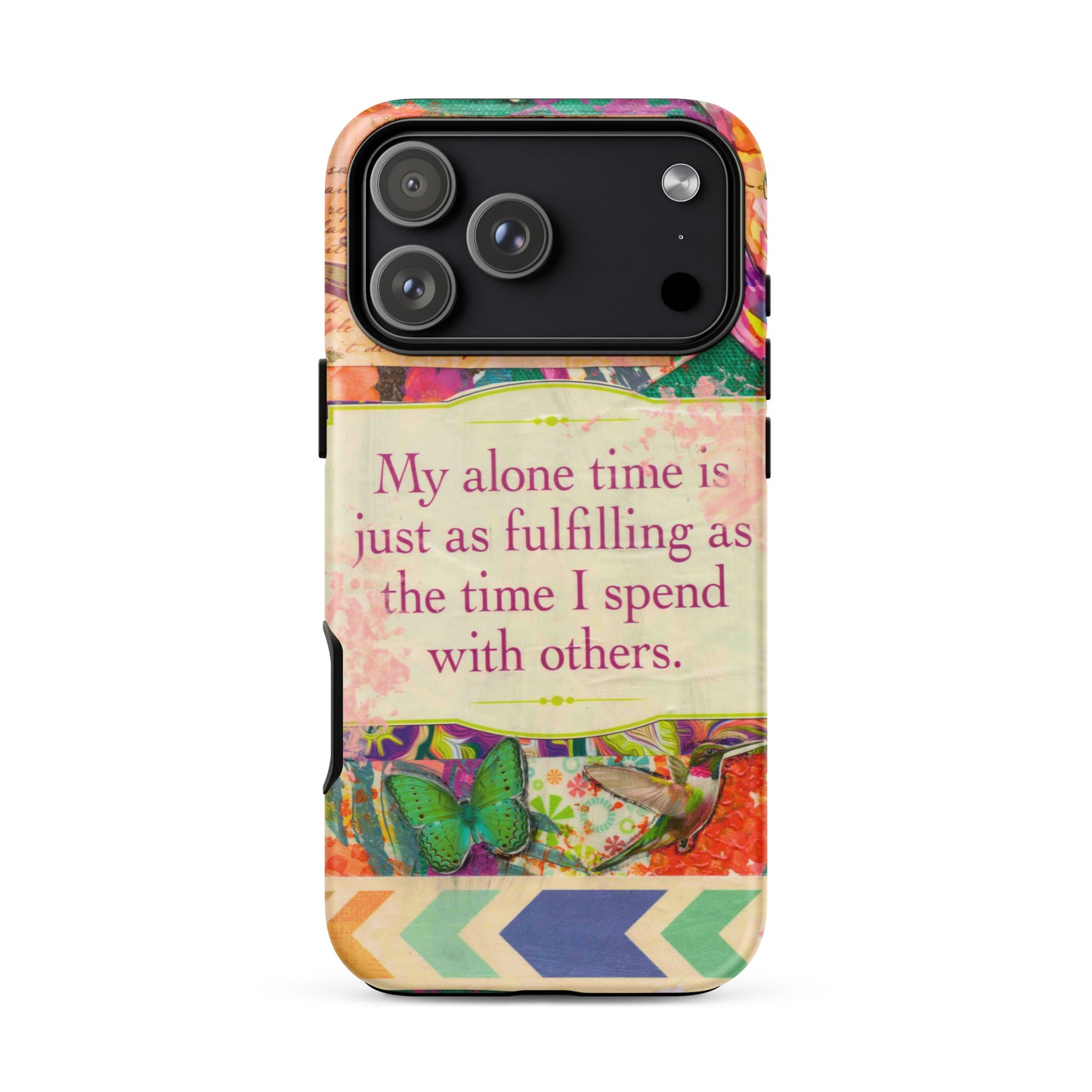 Colorful iPhone cover with birds, butterflies and a mantra on it