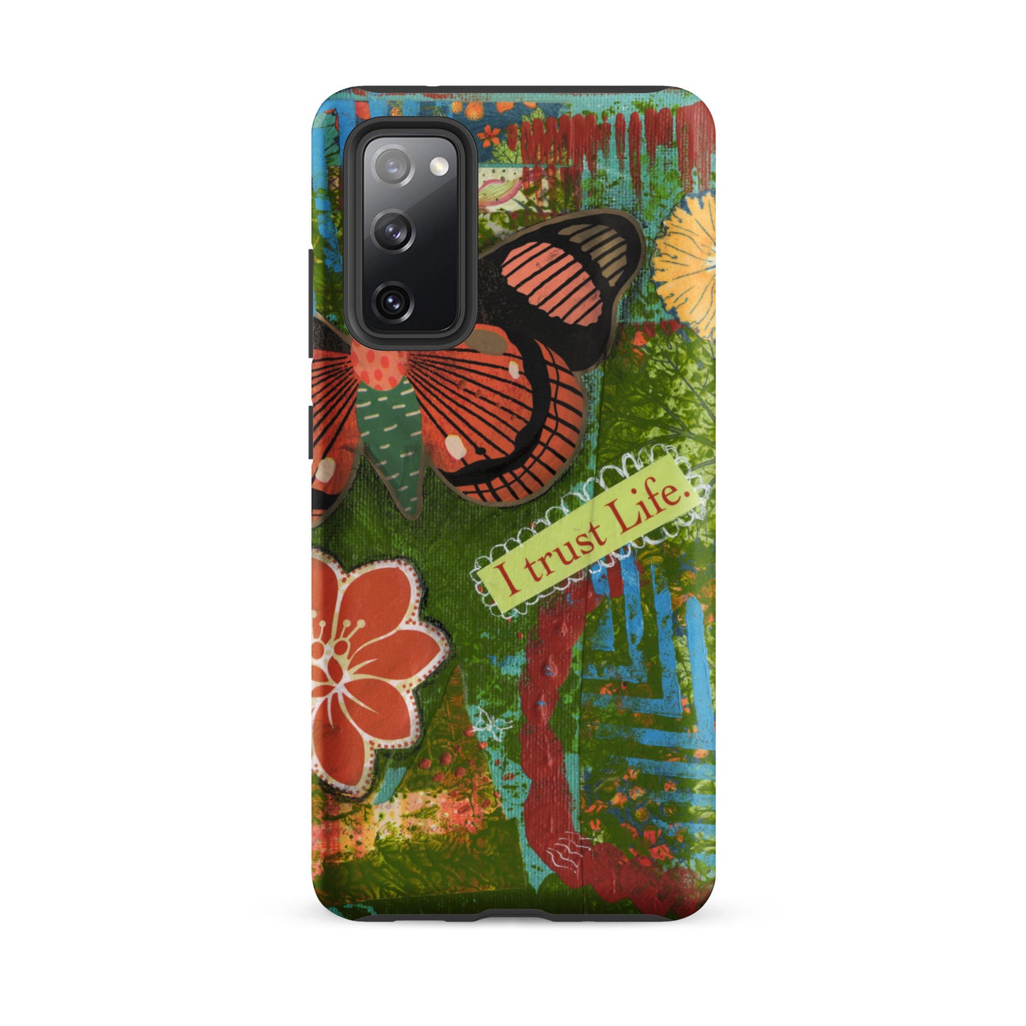 Front view of Samsung Galaxy S20fe the design of the artistic butterfly phone case rusty orange and turquoise “I trust life”