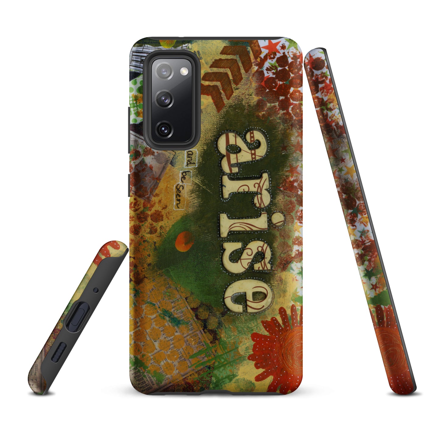 a front, side & bottom view of the bold art phone case with colorful texture and text that says "arise and be seen".
